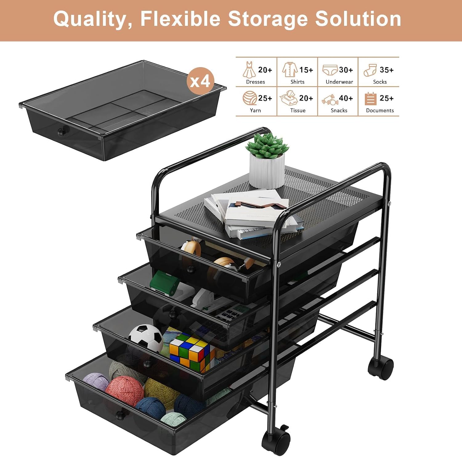 Rolling Storage Cart with Drawers 4-Tier Office Transparent Black image 4