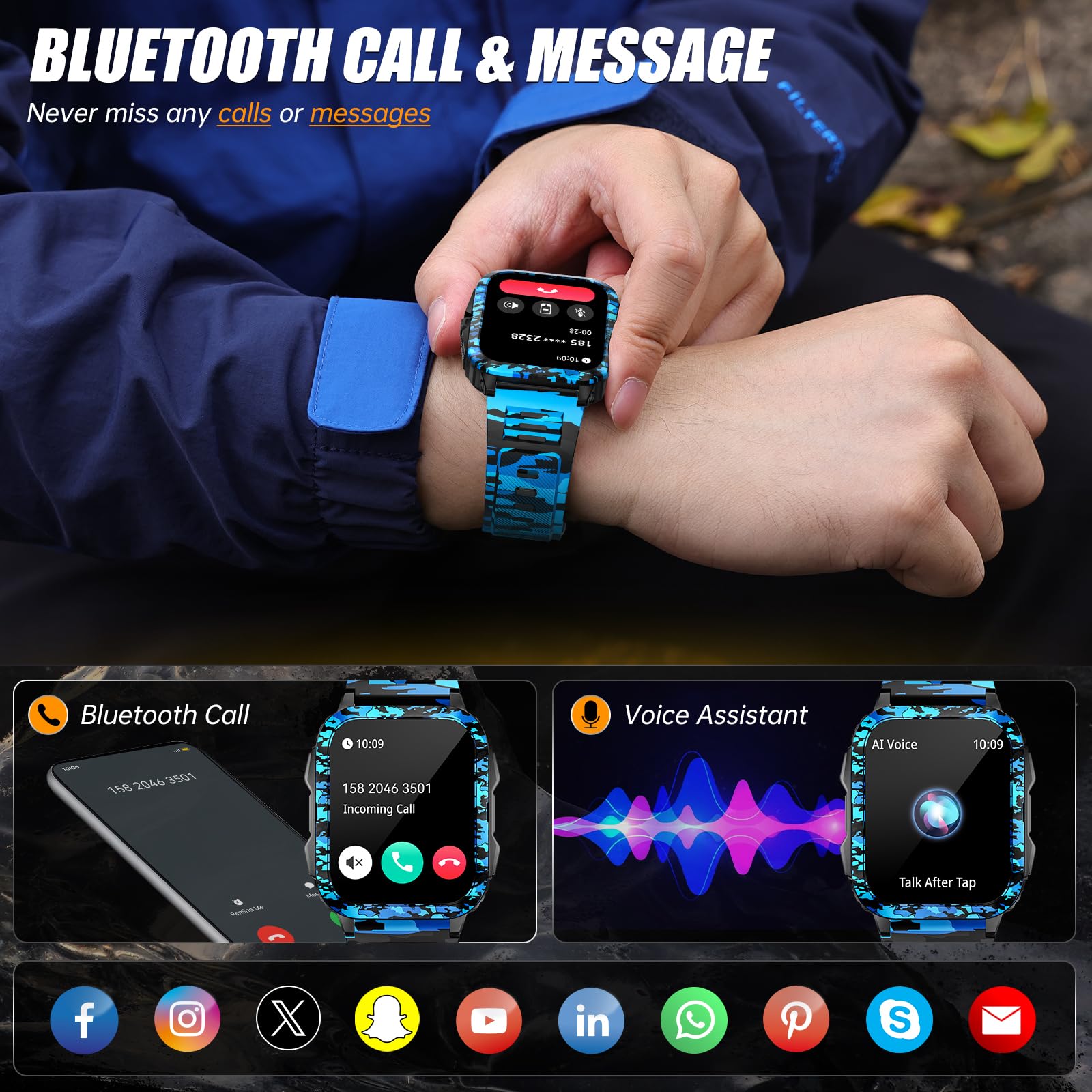 Montre intelligente militaire pour homme avec appel/lampe de poche LED/lumière UV 5 cm, grand écran 3 ATM, étanche, robuste, montre intelligente tactique avec moniteur de fréquence cardiaque, SPO2