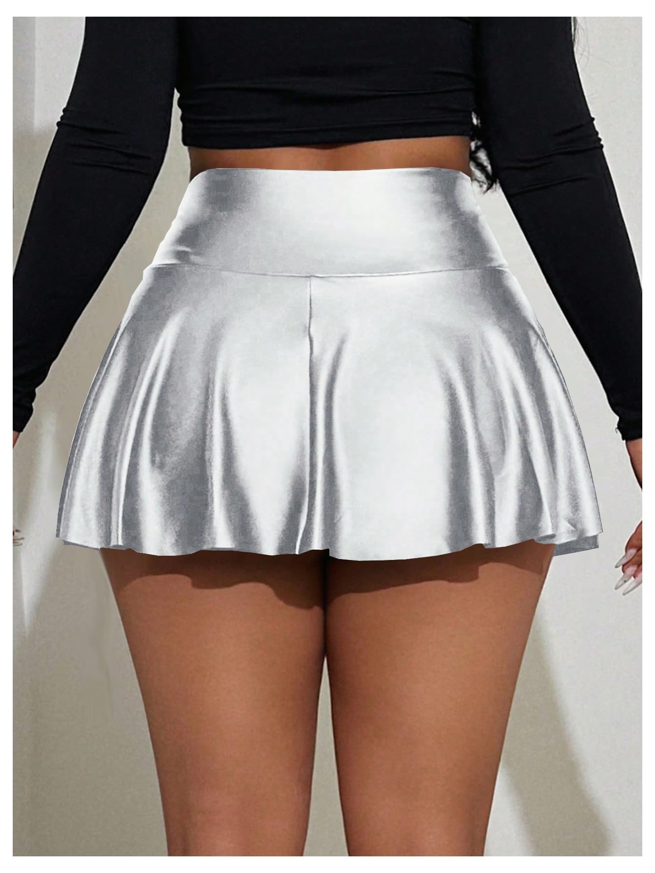 OYOANGLE Women's Pu Leather Elastic High Waist Skorts Ruffle Hem Casual Flared Skirt Shorts