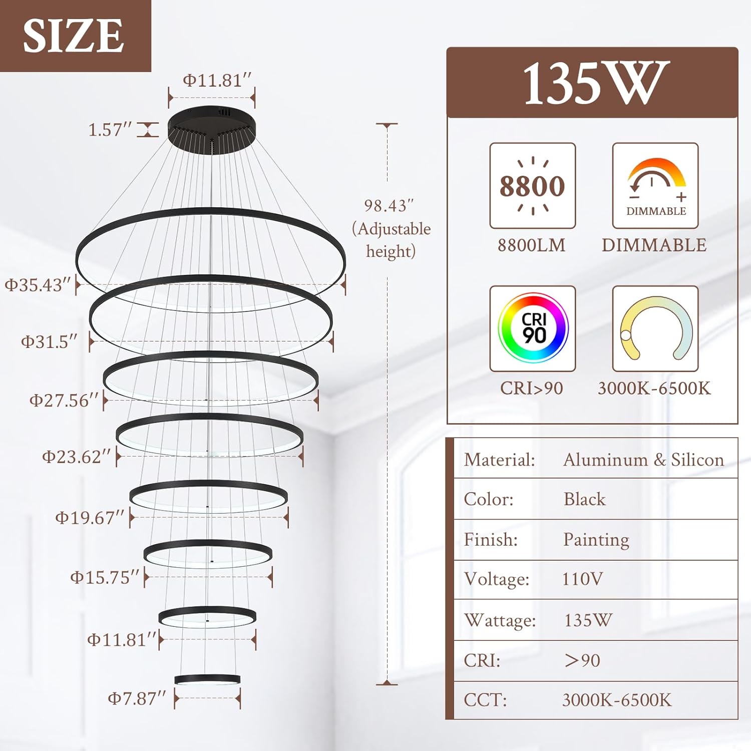 Modern LED Chandelier 8 Rings Dimmable Black High Ceiling Chandelier Foyer, Large LED Contemporary Pendant Lighting for Staircase Entryway Living Room, D35’’ 3000K-6500K