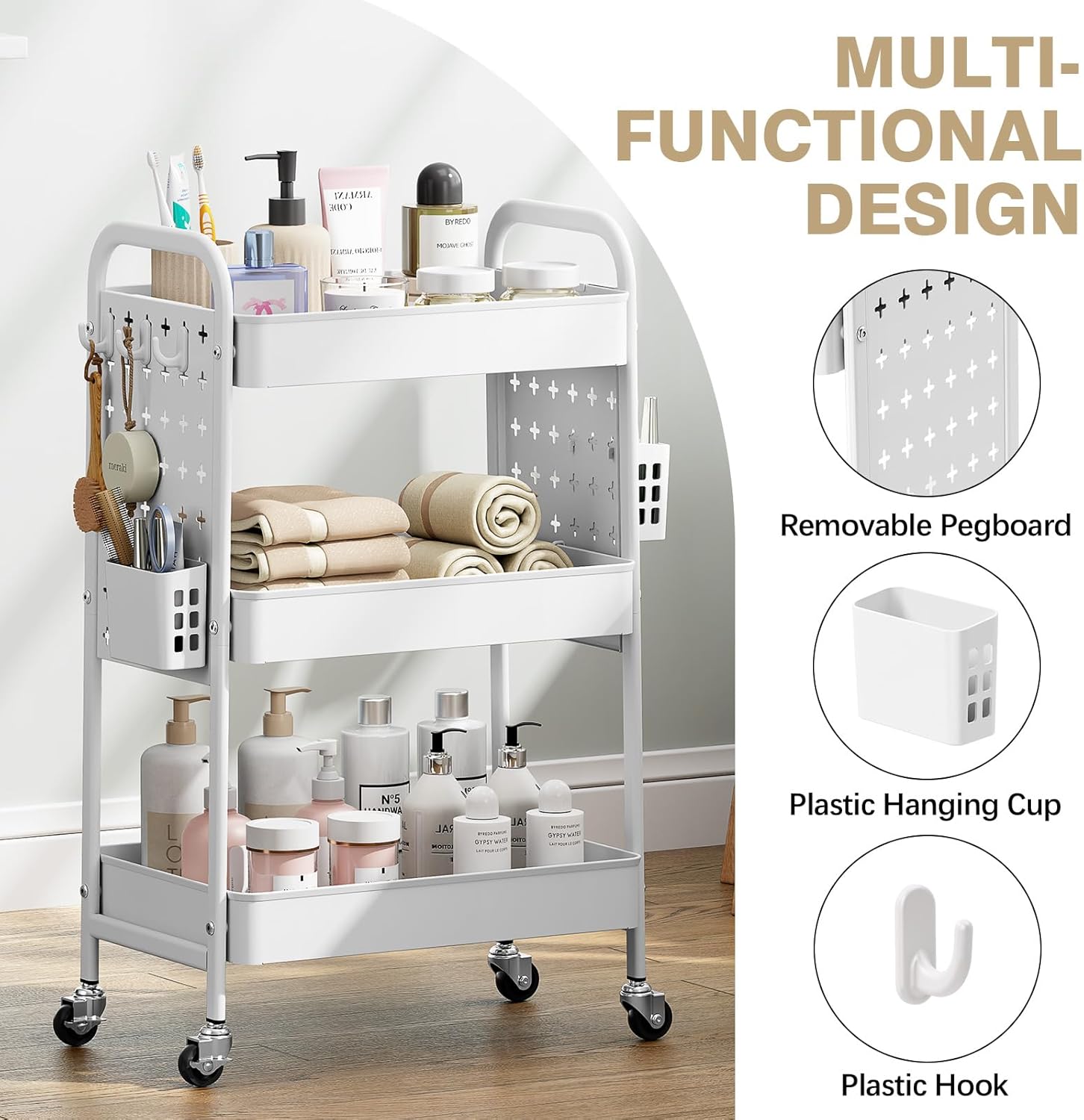 KINGRACK 3 Tier Rolling Cart with DIY Pegboard, Metal Utility Cart with Wheels, Hooks & Baskets, Sturdy Storage Organizer for Craft, Bathroom, Kitchen, Office, Nursery, Classroom (White)