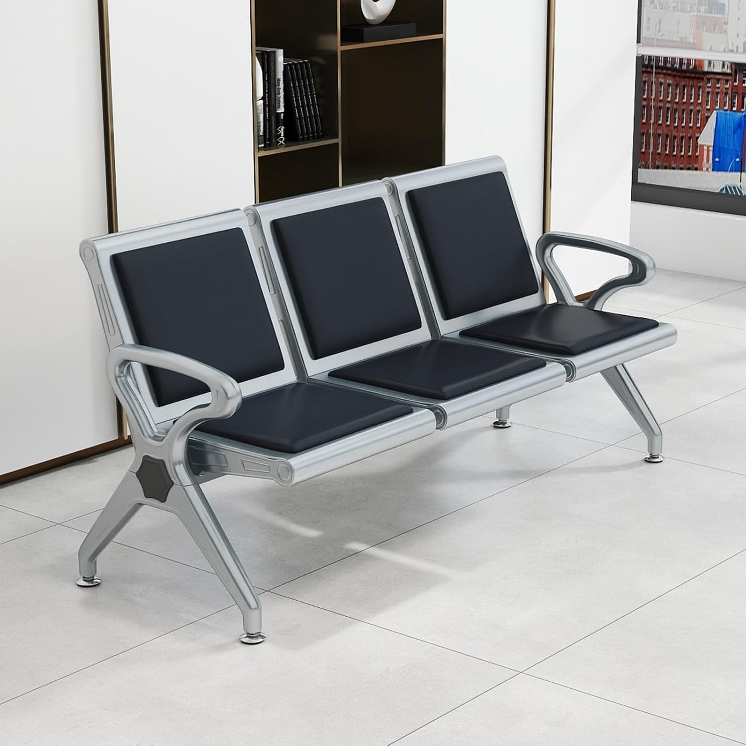 Kinfant 3-Seat Waiting Room Bench - PU Leather Waiting Room Chairs with Arms Airport Reception Bench, Lobby Bench Seating Office Bench Waiting Area Chairs for Airport Business Hospital Market