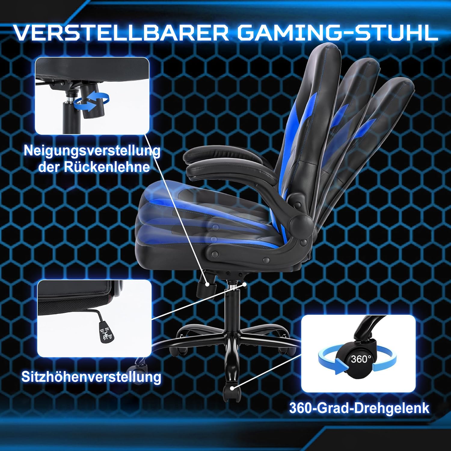 DUMOS Sedia Da Gaming Ergonomic | Pelle PU, Braccioli Pieghevoli | Regolabile, Carico 150 Kg
