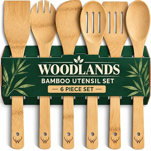Prime Bamboo Wooden Spoons for Cooking Set of 6 Pcs