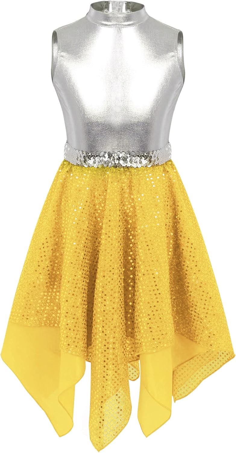Kids Girls Color Block Asymmetrical Lyrical Contemporary Dance Dress Sleeveless Praise Dance Tunic