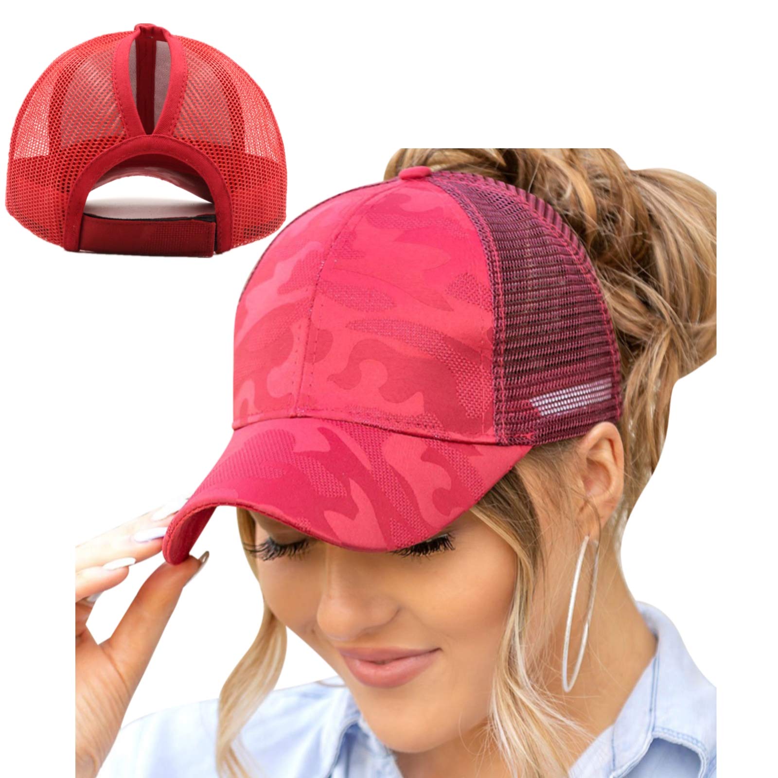 Promindfun Women's 06-Wine Ponytail Baseball Cap Messy High Bun Trucker Camouflage Adjustable Dad Hat (06-Wine)