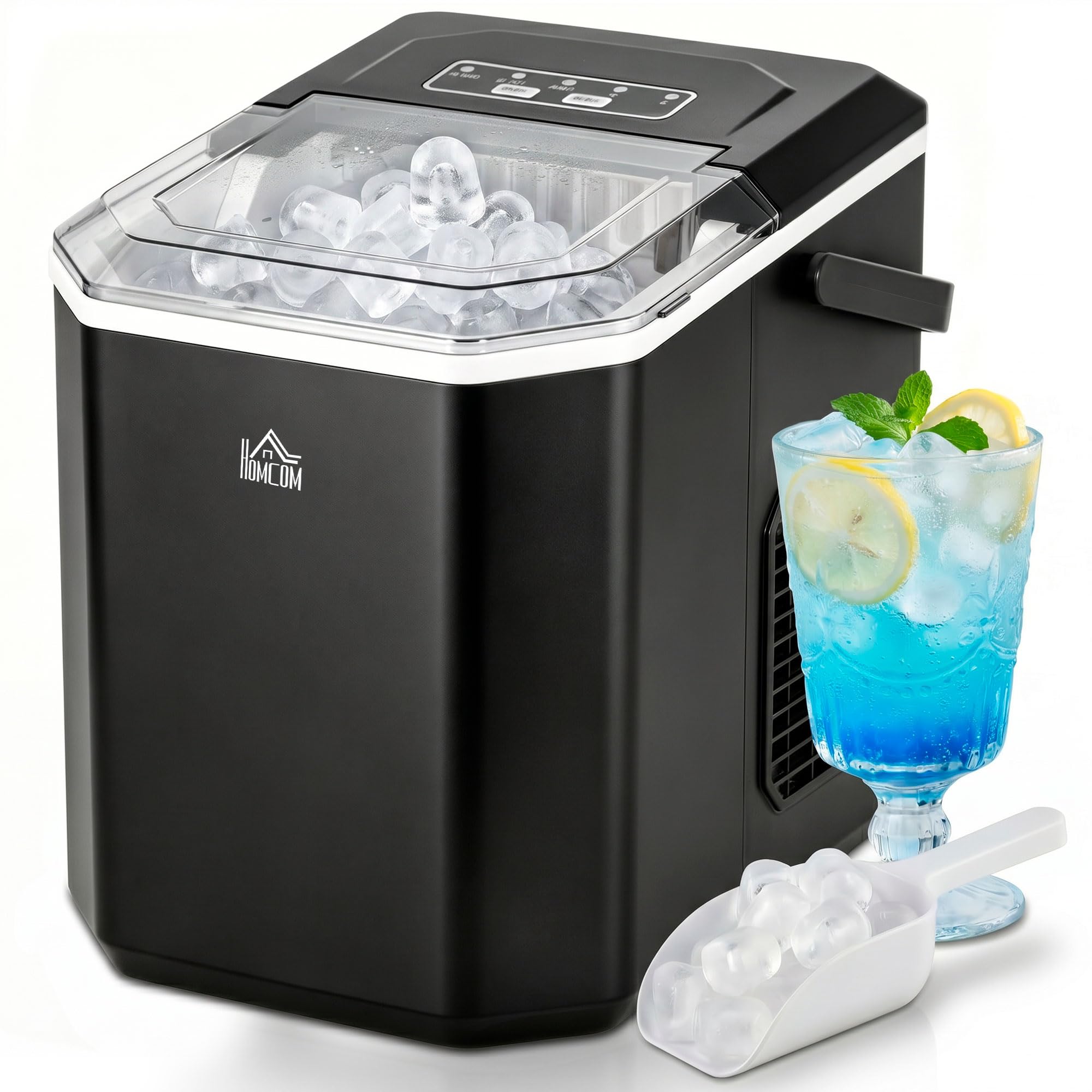 HOMCOM Macchina del Ghiaccio Autopulente 12kg/24h, 9 Cubetti in 6-13 Minuti con Cesto e Paletta, Macchina per il Ghiaccio in PP e Rame, 22.2x29.4x29 cm, Nera