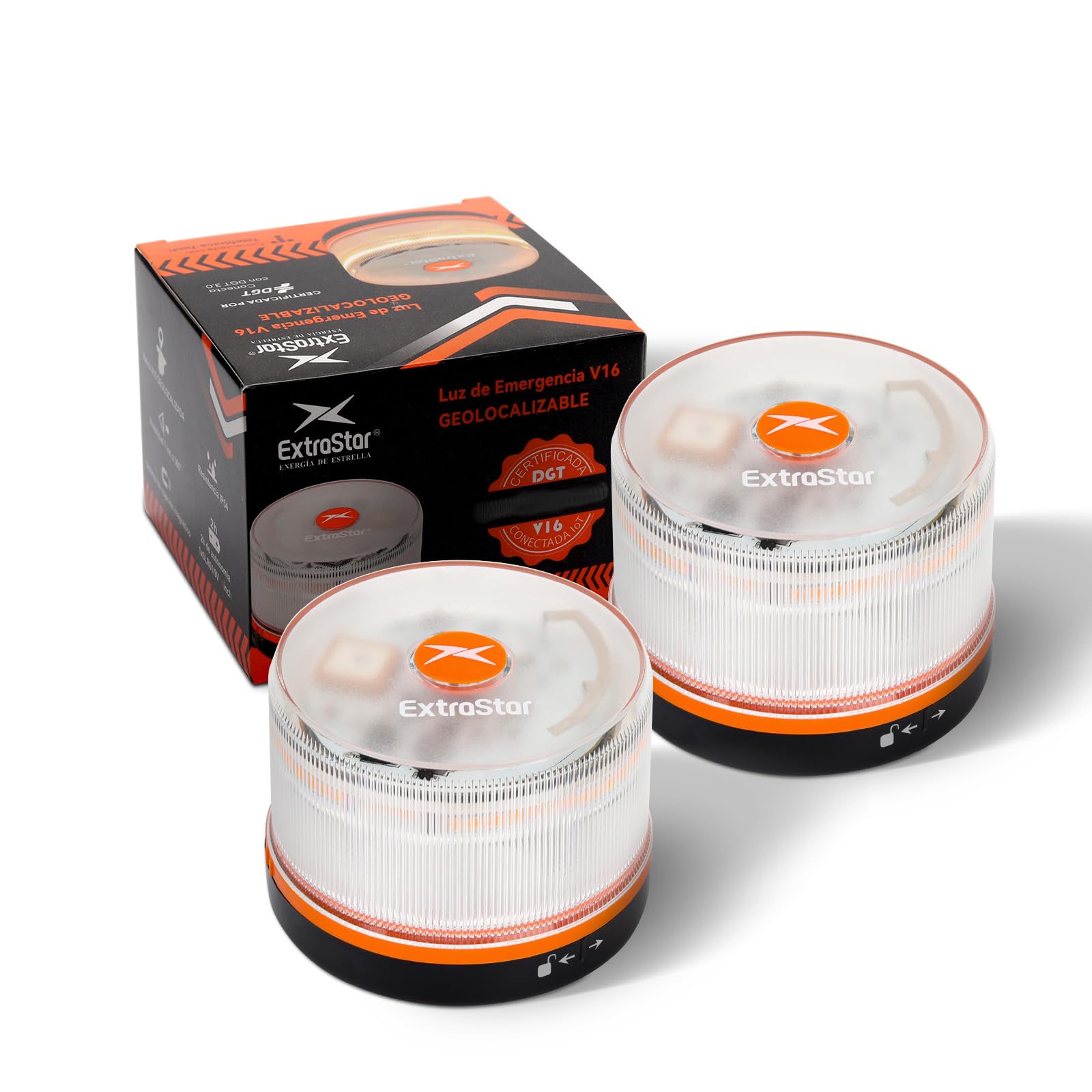 EXTRASTAR Emergency Light V16 Approved DGT with Geolocation 3.0 - Location Warning Cars, Data Plan Included - IP54 Magnetic Base - Compliant 2026, Pack of 2 Units