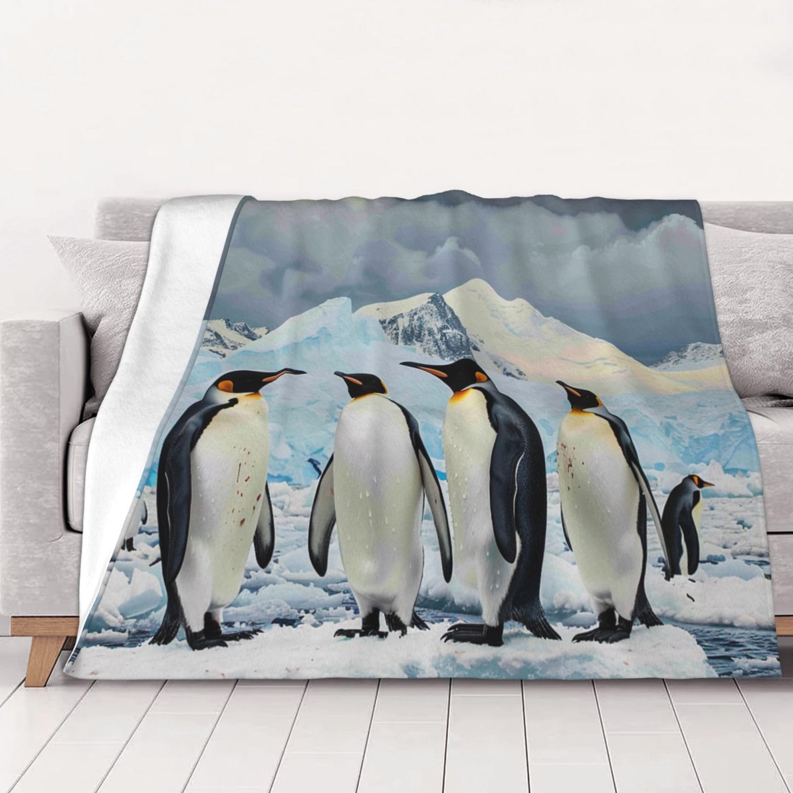 AUBKFELD Penguins on the Iceberg Printed Flannel Blanket 150x125 CM, Soft & Warm Throw Blanket for Sofa/Couch/Bed/Car, Gifts for Audlts Women Men