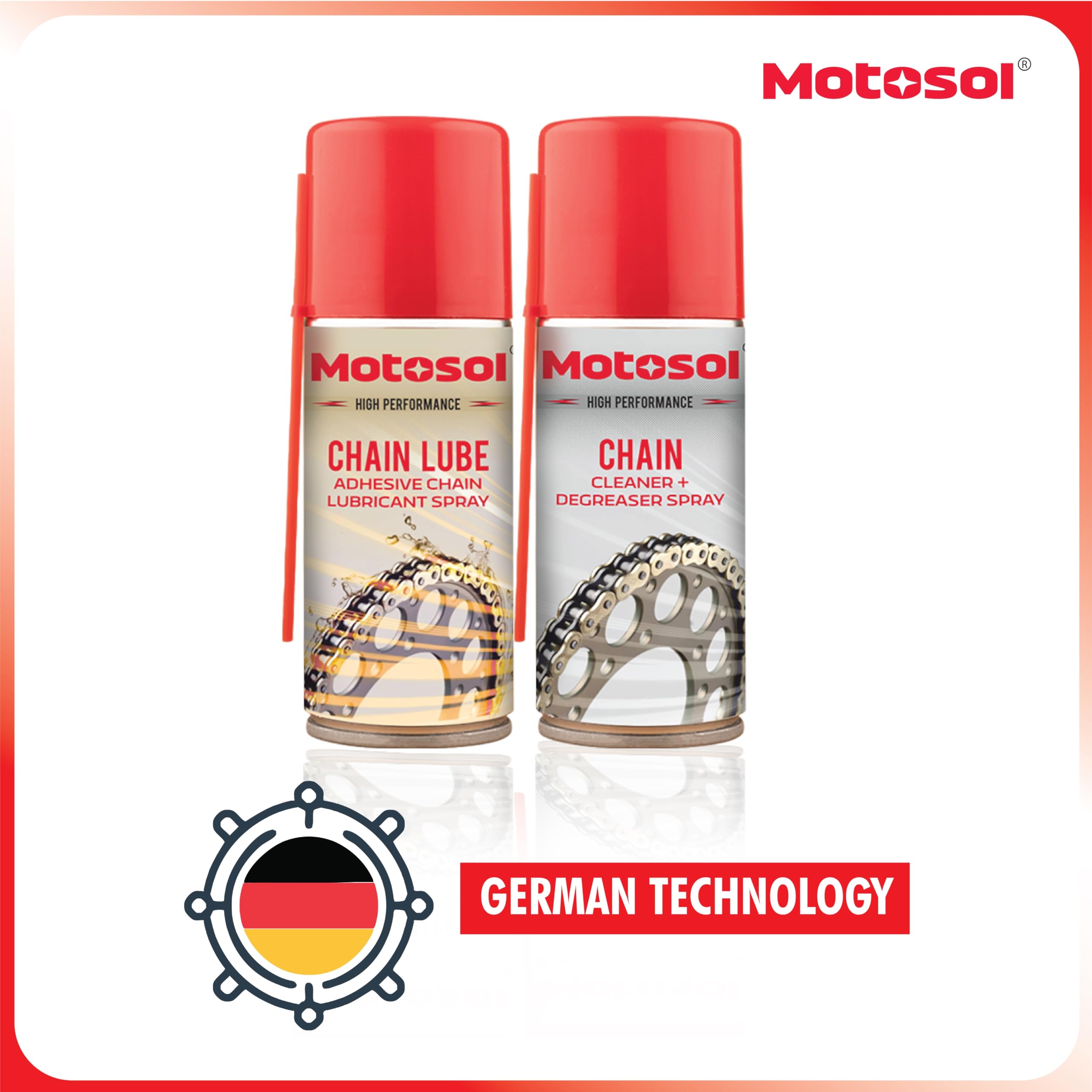 Motosol Chain Lube & Chain Degreaser Combo | Chain Care Kit | Bike Chain Lubricant | Cleaner Degreaser Spray | Chain Care Products | Bike Scooter Motorcycle Chain Cleaning Accessories | 100ml each 2