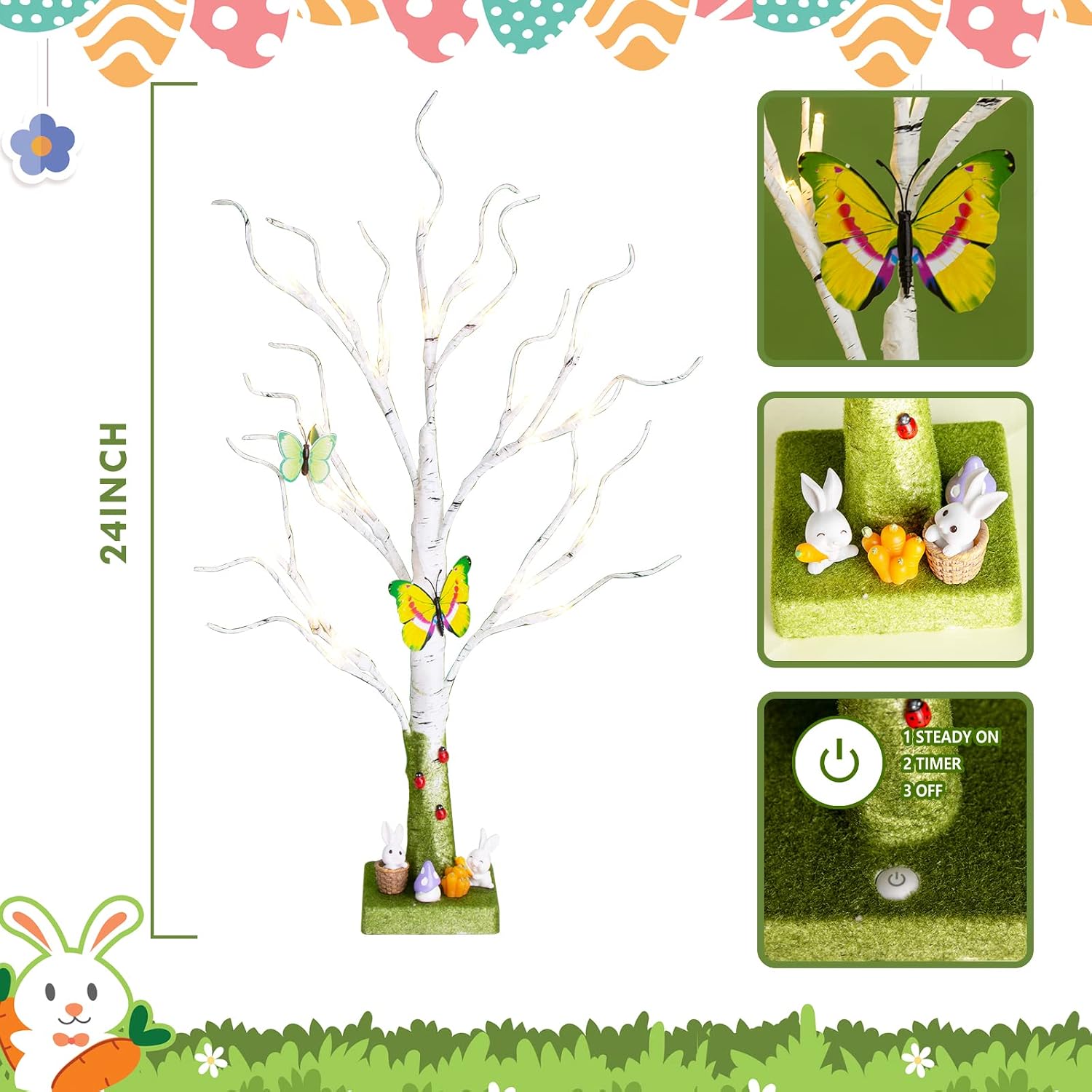 Vanthylit Easter Tree with Timer Battery Operated, Light up Indoor Spring Decorations, Centerpiece Table Decorations for Home Décor, White Easter Tree Gifts for Kids (2FT, Warm White)