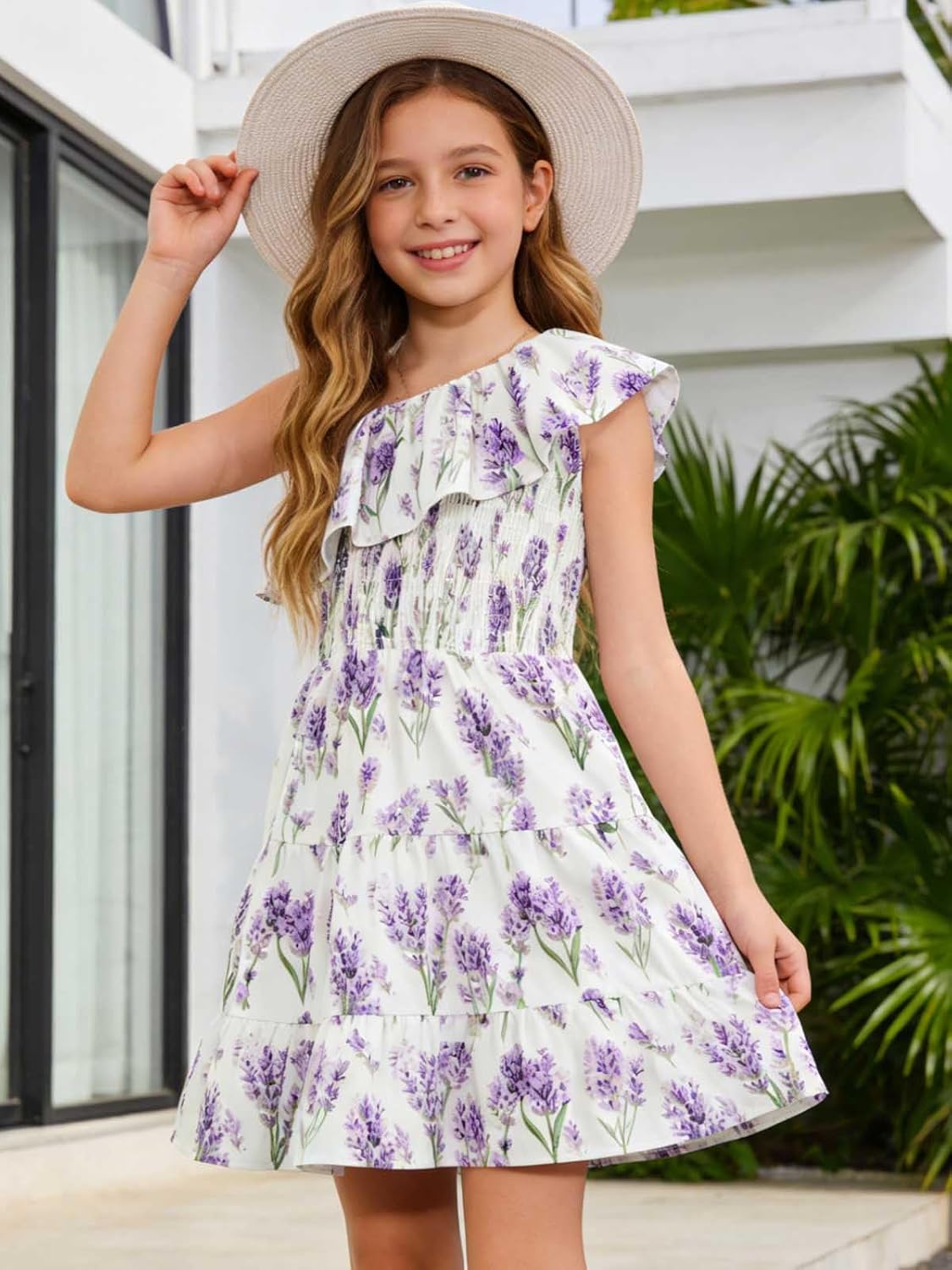 Haloumoning Girls Floral Dress Kids One Shoulder Ruffle Trim Summer Boho Holiday Dress 5-14 Years - Image 3