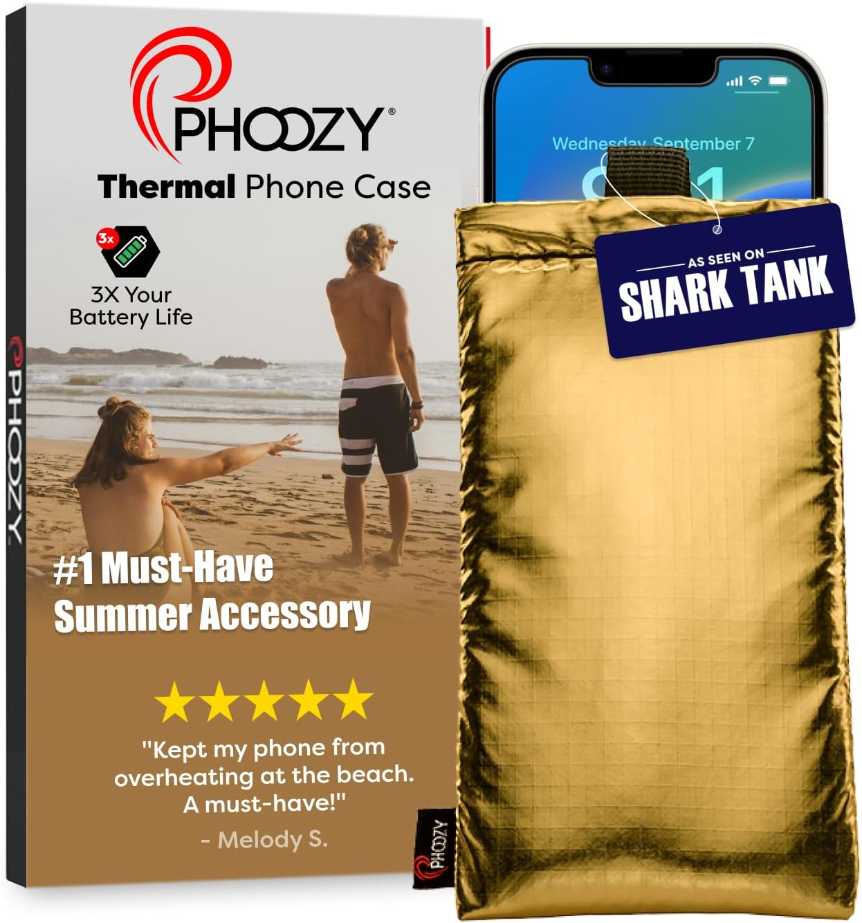 PHOOZY Apollo Series Thermal Phone Case - Insulated, Ultra-Slim Pouch Protects Your Phone from Overheating in The Sun & Extends Battery Life. Floats in Water. AS SEEN ON Shark Tank [Gold - Medium]