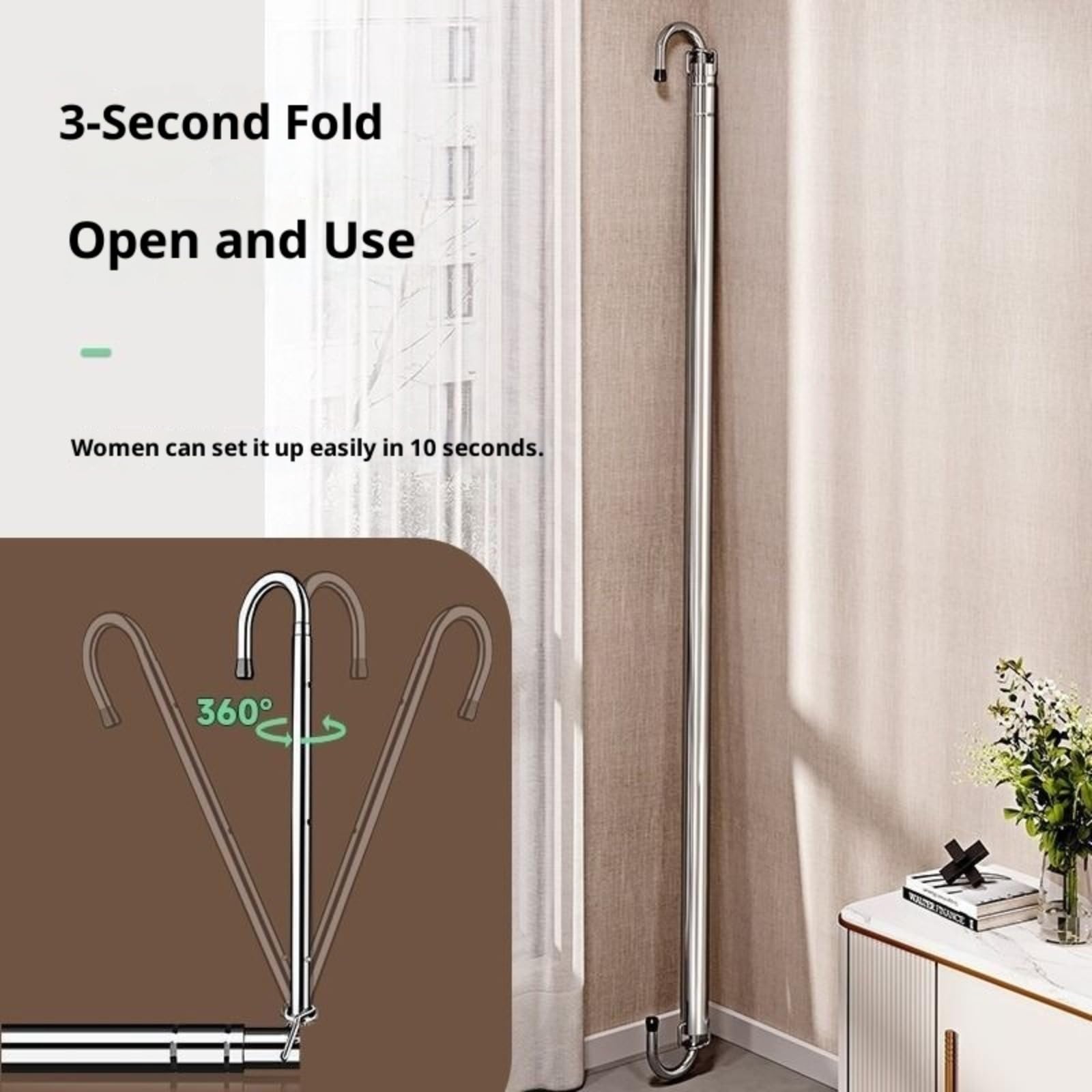 Portant à vêtements suspendu en acier inoxydable, portant à vêtements télescopique，La perche télescopique est réglable en longueur de 120 cm à 240 cm, adaptée à une utilisation intérieure/extérieure.