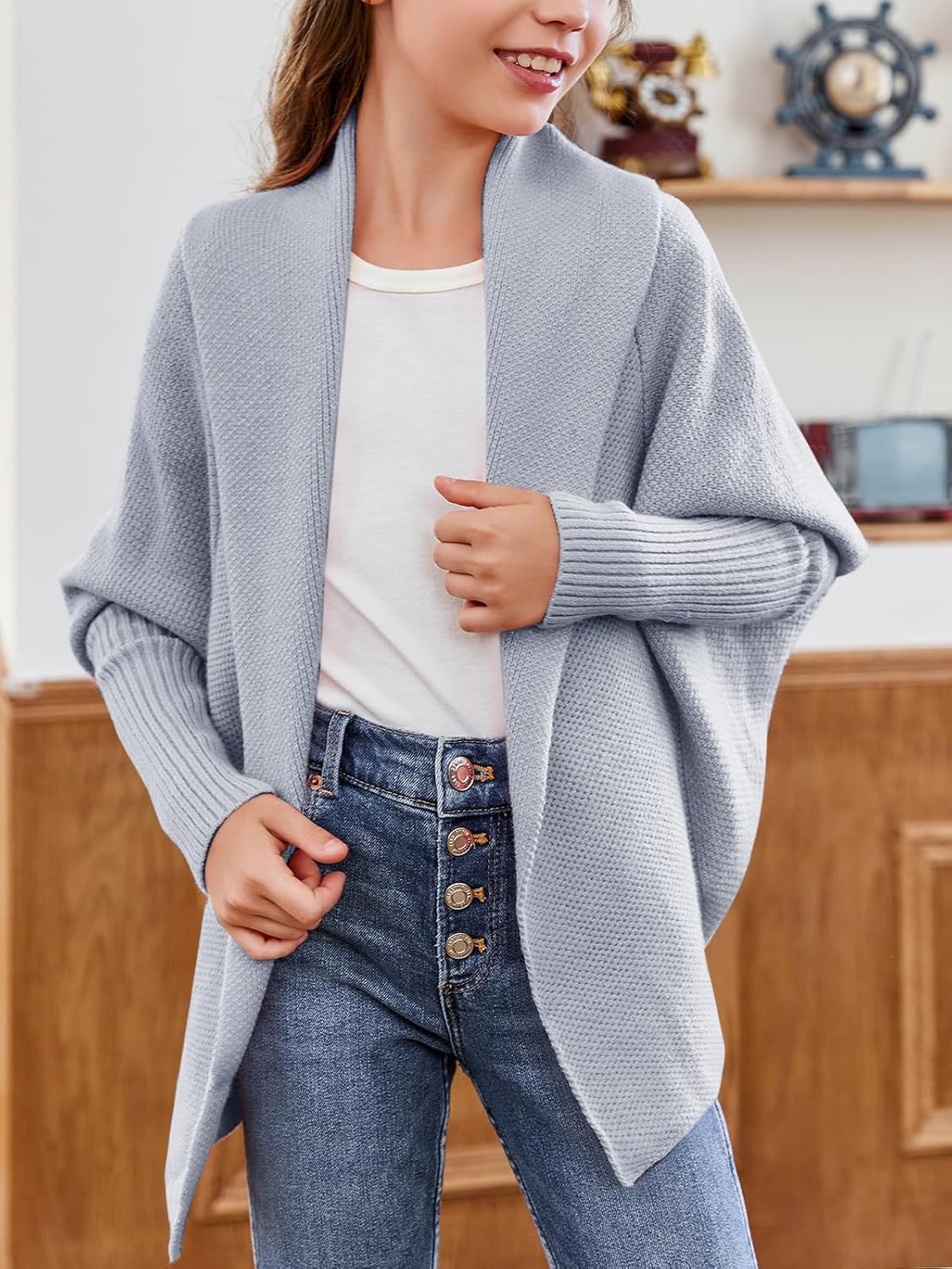 Laseily Girls Open Front Cardigan Sweaters Batwing Long Sleeve Shawl Collar Ribbed Knit Winter Coats - Image 5