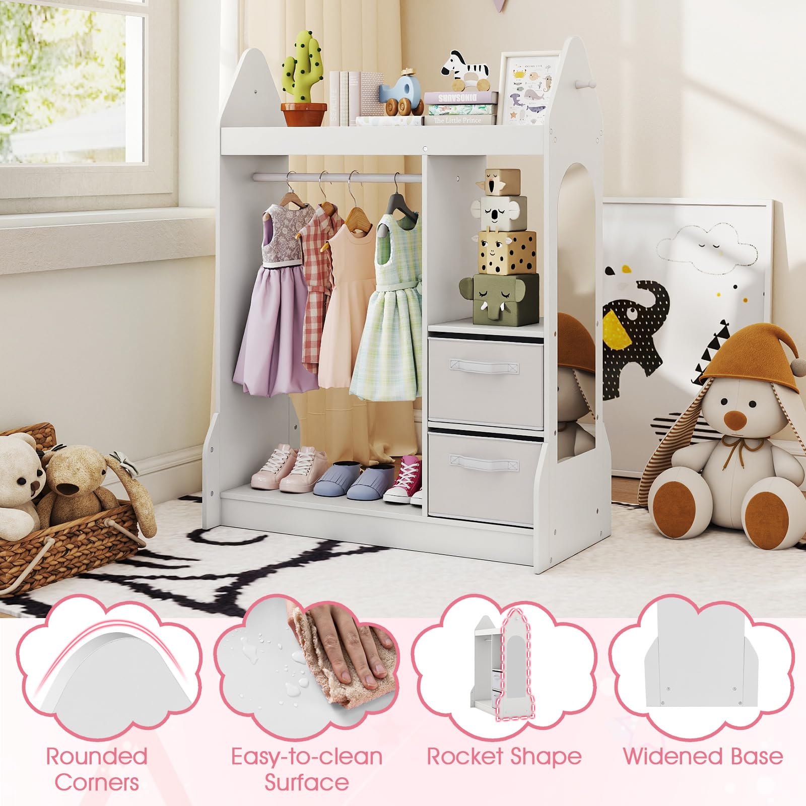 FANTASK Kinderkleiderschrank mit Stoffschubladen, 81 x 38 x 107 cm, Kindergarderobe mit Spiegel & Kleiderstange, Kinder Kleiderständer aus Holz für Kinderzimmer (Weiß)
