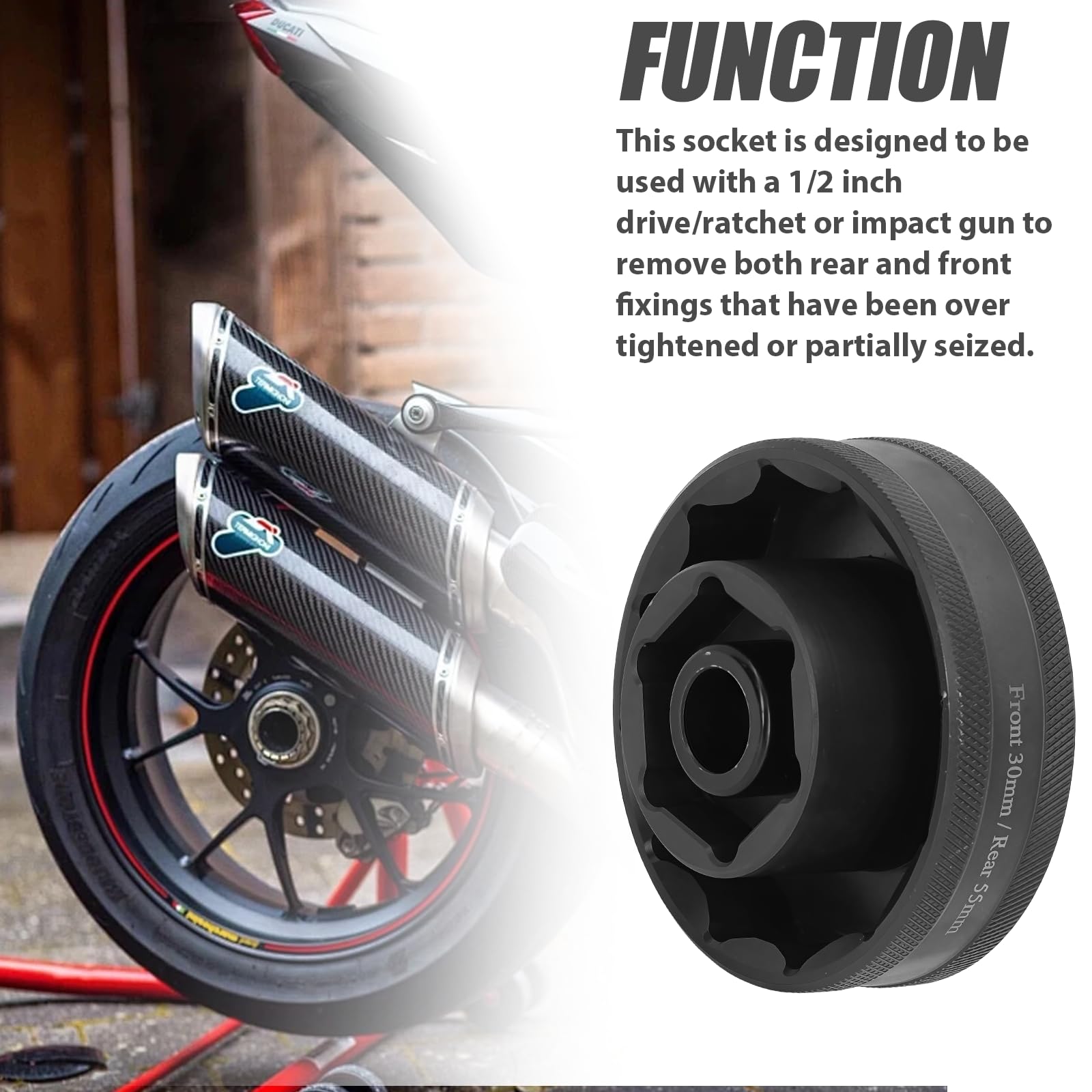 1 kit d'outils d'écrou d'essieu de moto Ducati - Écrou d'essieu avant et arrière - Douille 55 mm + 30 mm - Pour Ducati 1098/1198/1199/Multistrada 1200/1260/SW - Acier de qualité supérieure - Clé 1/2