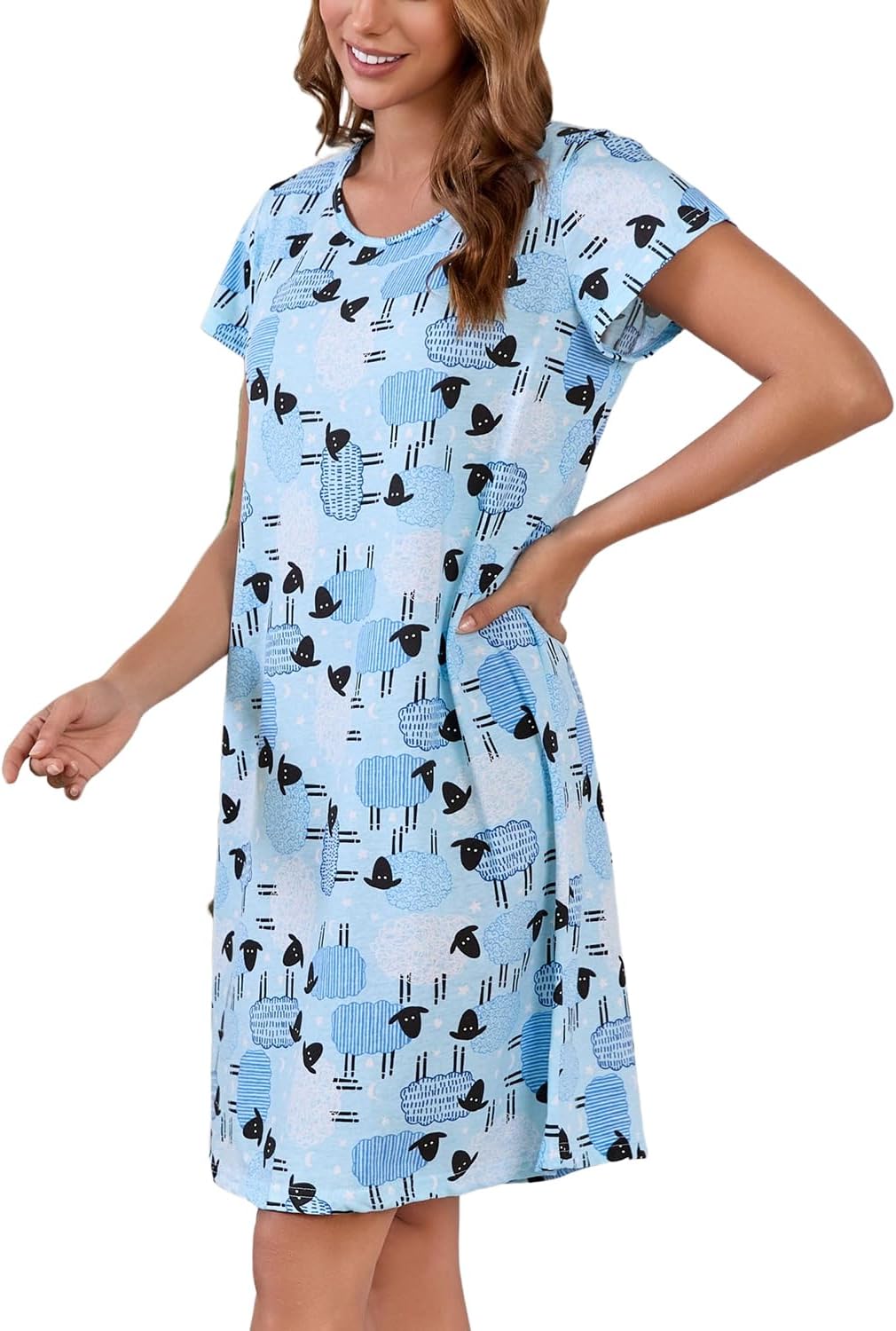 Inadays Women's Cotton Nightgown Sleepwear Short Sleeves Nightshirt Casual Print Sleepdress Loose Comfy Pajama - Image 4