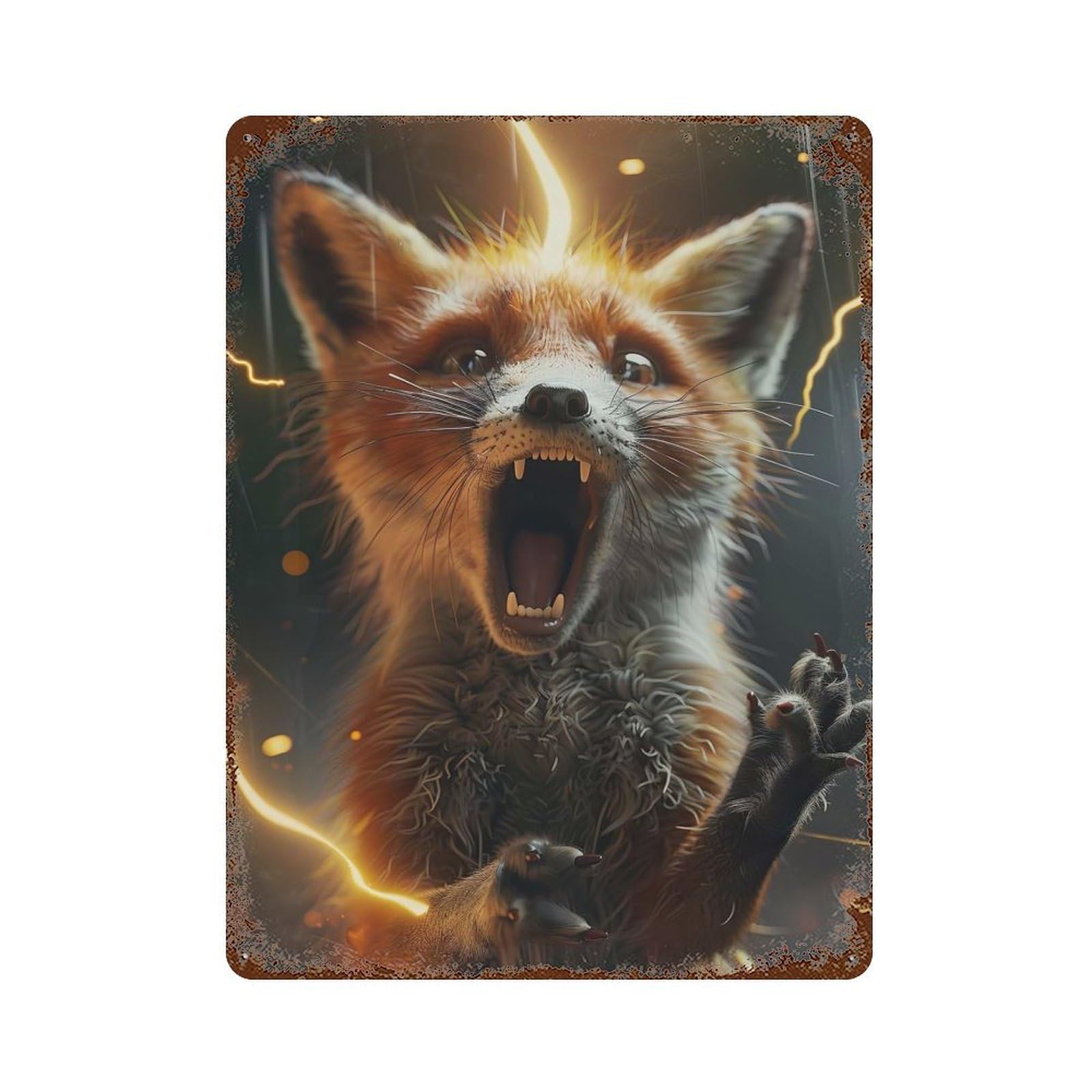 Weathered Tin Sign with Fox Lightning Design 15.7"x11.8", for Basement, Hobby Room And Garage Decor, Industrial Home Decor