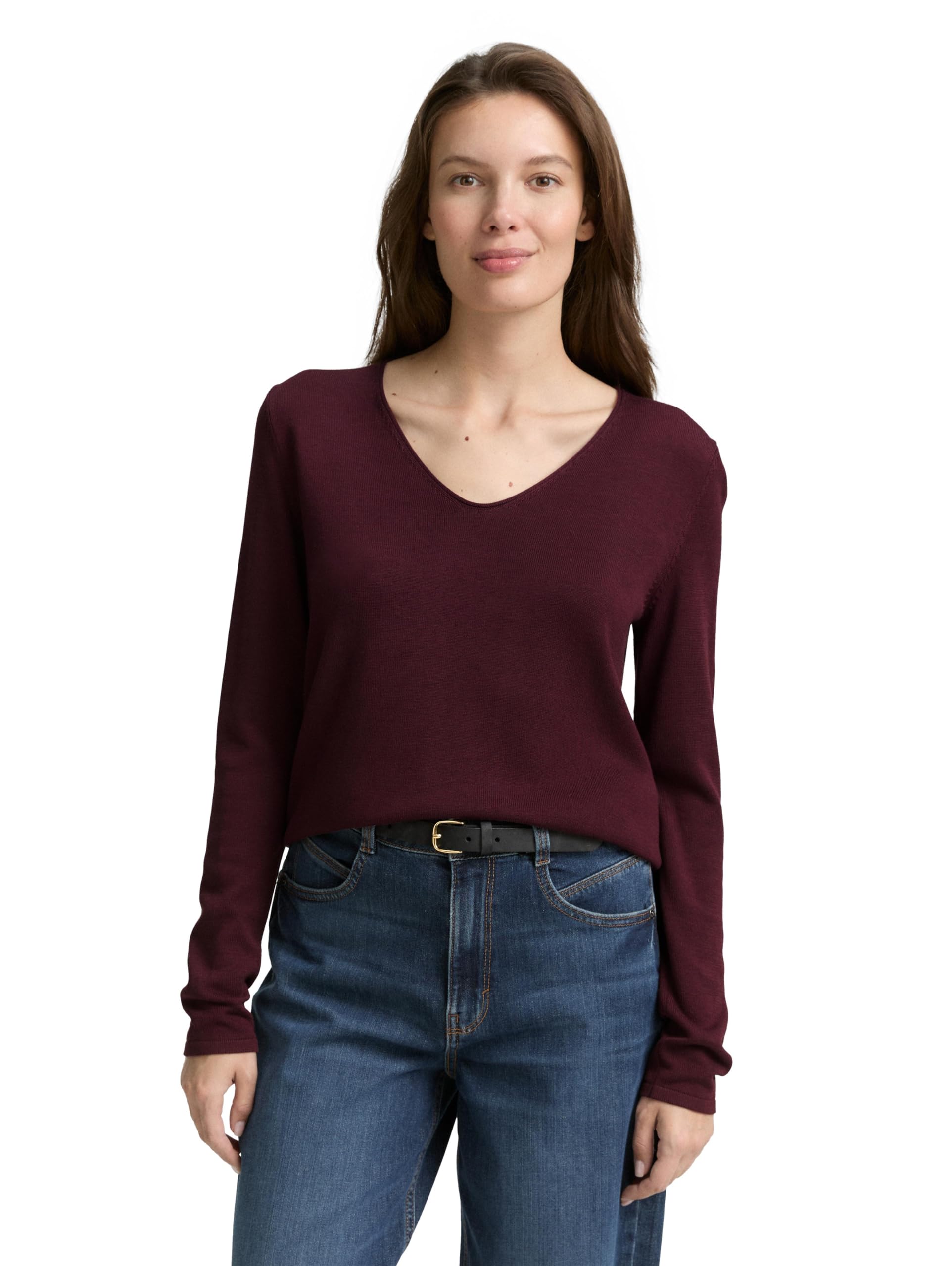 TOM TAILOR Women's Basic Knitted V-Neck Jumper, 16427 - Bordeaux Red, XS