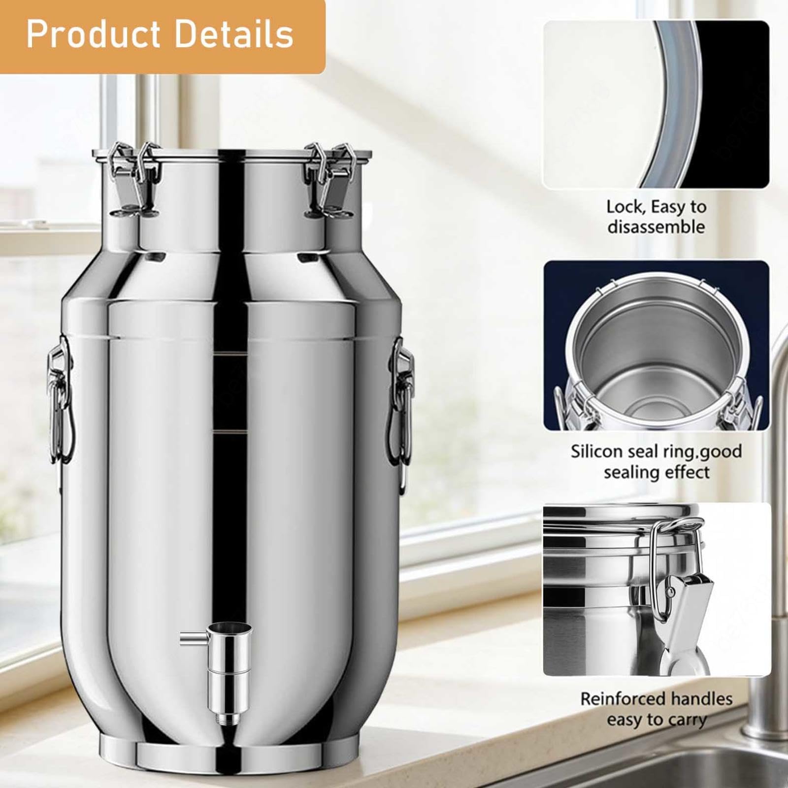 cubo de acero inoxidable 10l con tapa jarra con grifo Cubo para Transportar Leche, para almacenar líquidos y sólidos,A-20liter