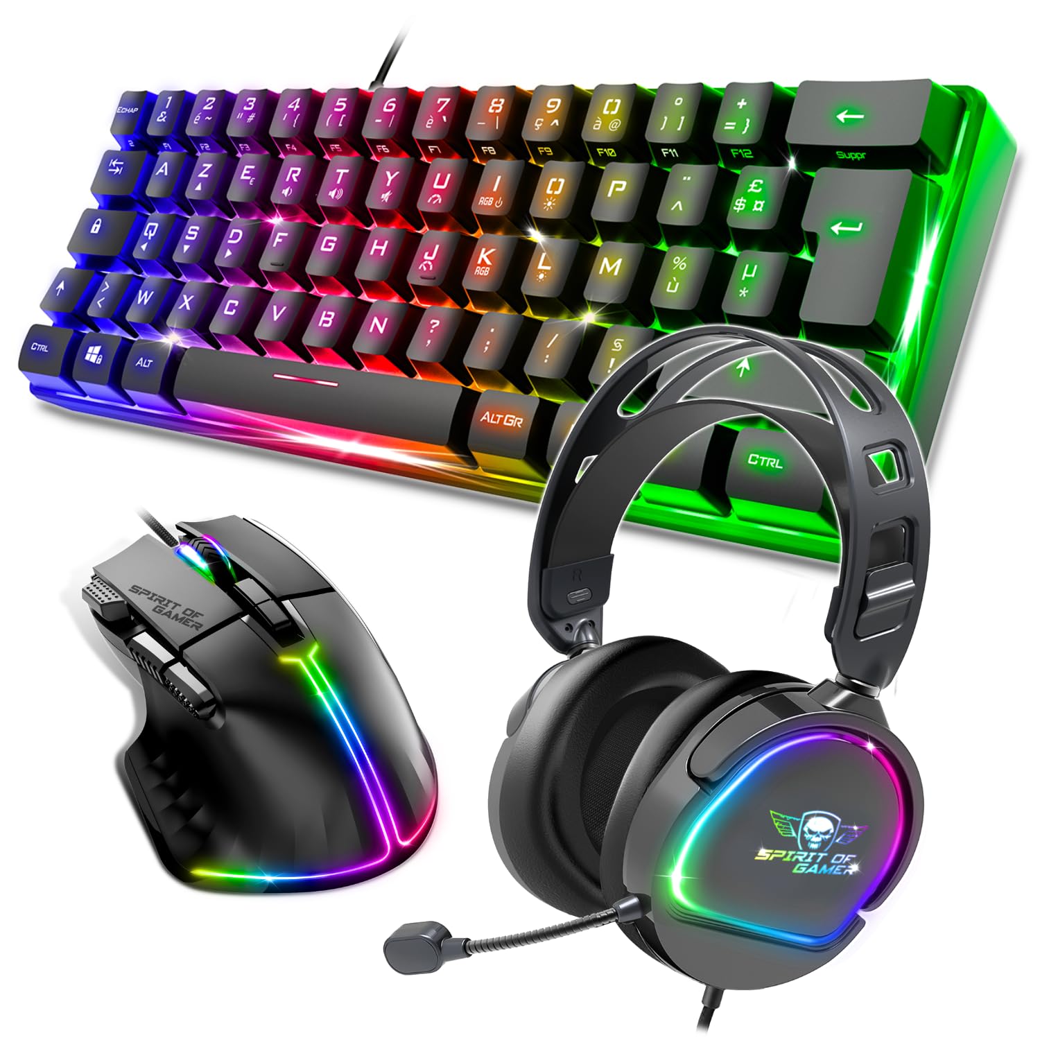 Spirit Of Gamer, Pack Clavier Souris Gamer Filaire RGB + Casque, Clavier Semi-Mecanique, Format Compact TKL 60%, Souris 12800 DPI avec 8 Boutons Programmables, Casque Gaming avec Micro Son Stéréo 2.0