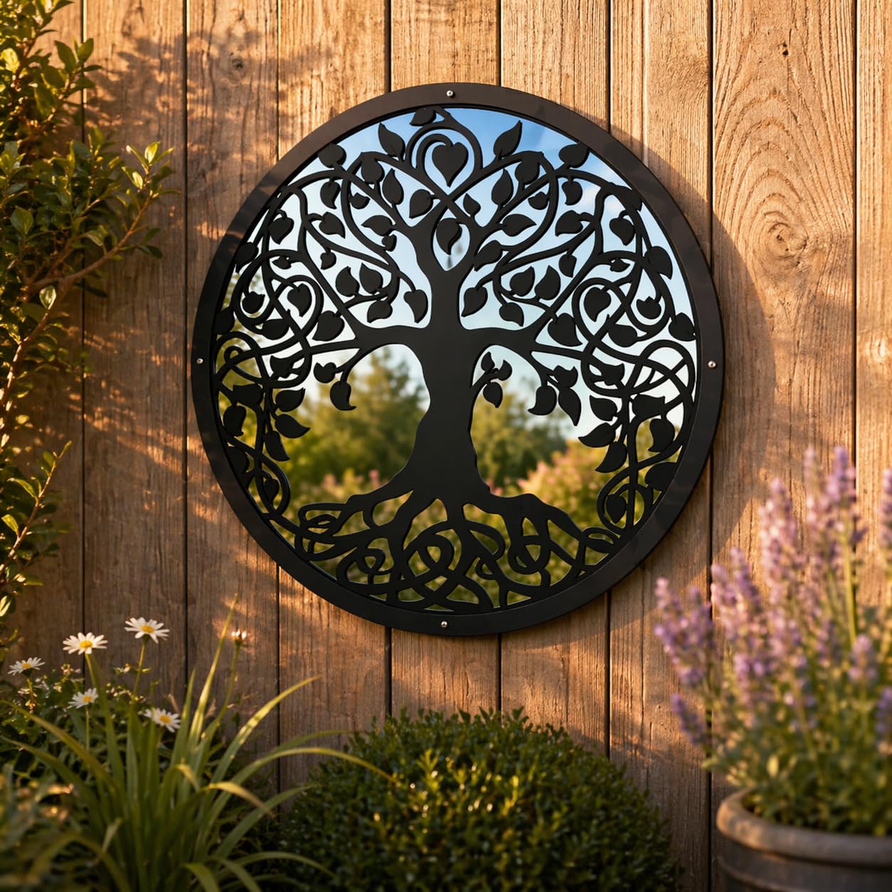 Sun Catcher Garden Decor Tree of Life Garden Mirror Range of Sizes Round Framed Mirror Outside Rust Resistant Acrylic Fixings Included Gift (33cm / 13 inch)