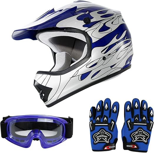 SLMOTO Dot Youth Kids Helmet Motocross Offroad Street Helmet Motorcycle Helmet Dirt Bike Motocross ATV Blue Flame Design Helmet+Goggles+Gloves,Small