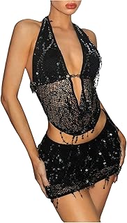 Women's 2 Piece Party Club Outfit Sequin Tie Backless Sheer Halter Crop ...