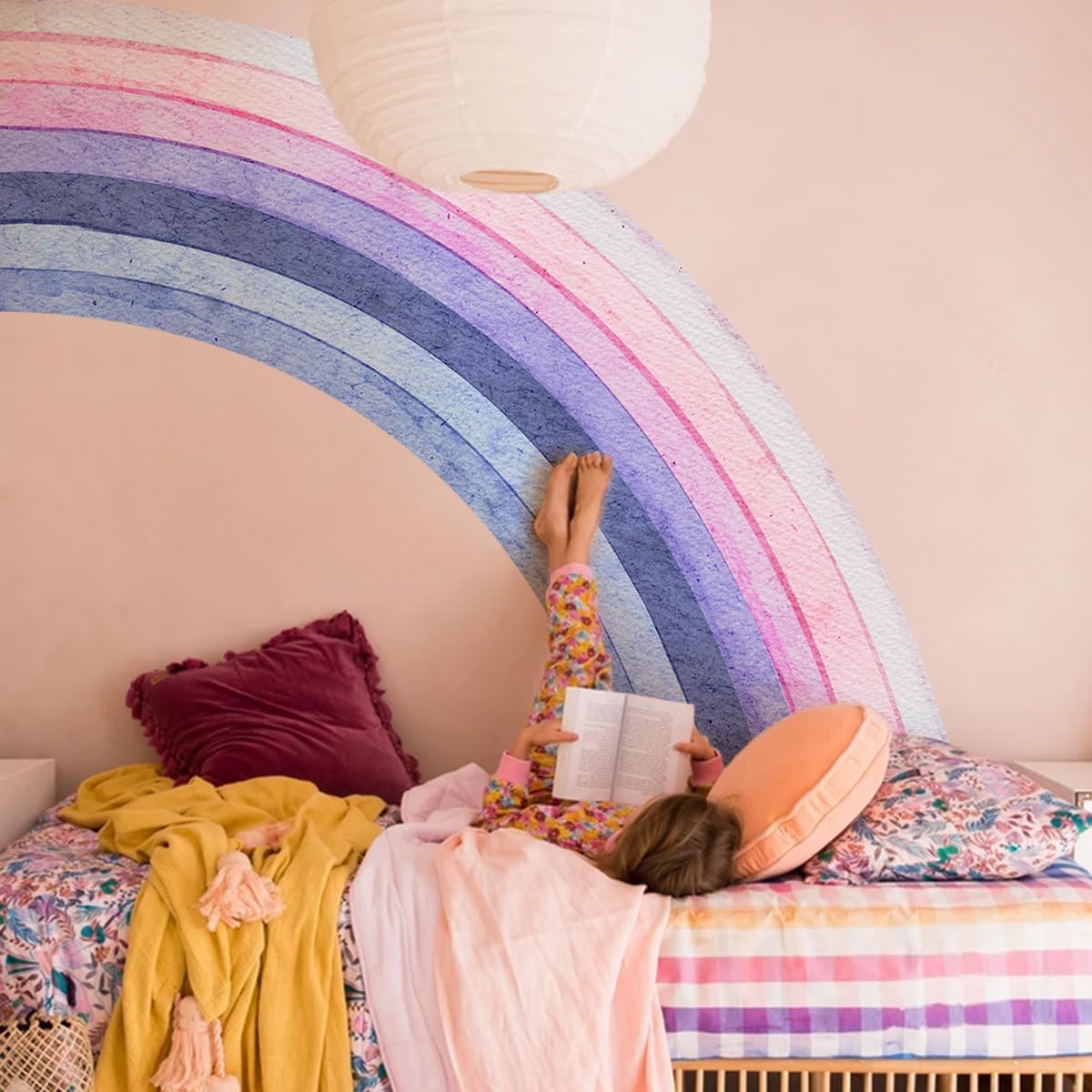 Large Boho Rainbow Wall Decals - Watercolor Half Rainbow Wall Stickers Self Adhesive Vibrant Pastel Giant Wallpaper Wall Decor for Kids Girls Bedroom Nursery Playroom Decoration