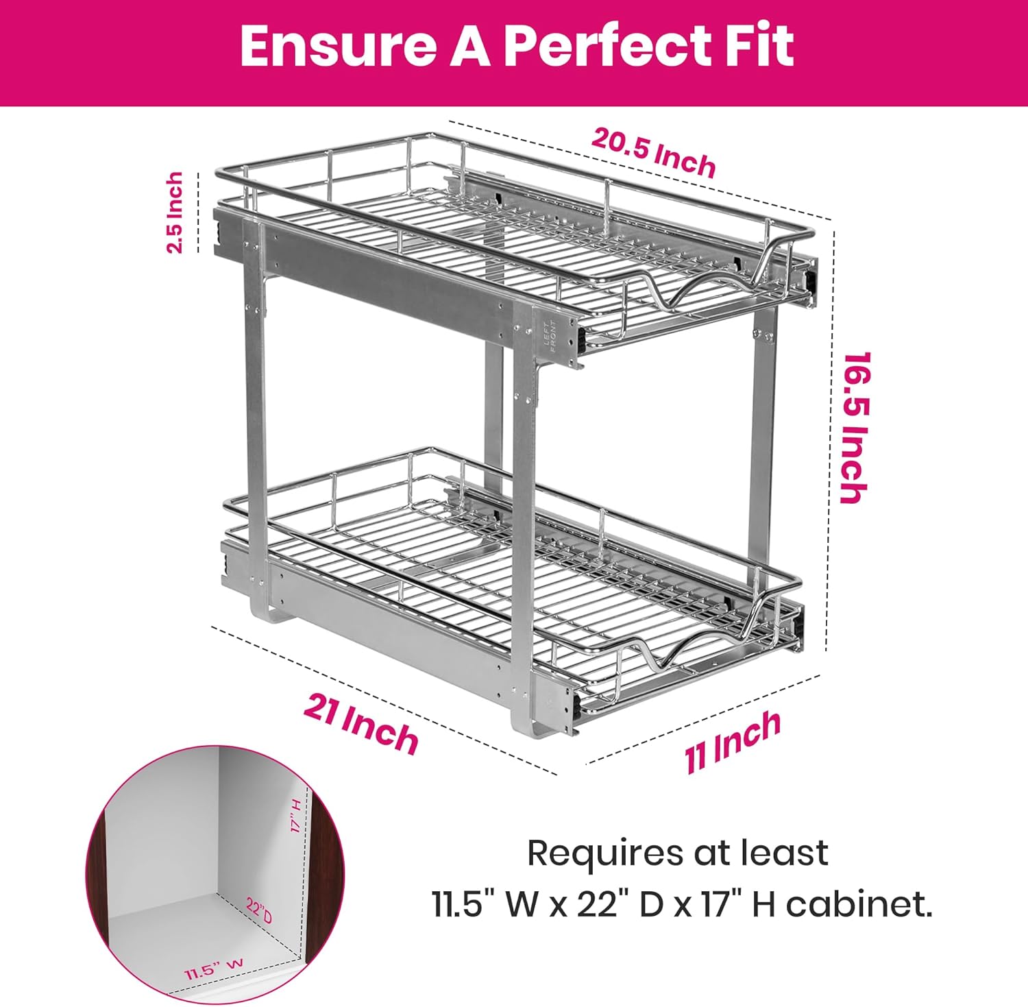 2-Tier Pull-Out Cabinet Organizer with Heavy-Duty Steel Frame, Full-Extension Sliding Shelves, Holds 100 lbs, Easy Install for Kitchen, Pantry & Under Sink Cabinets, 11" W x 21”D x 16.5" H