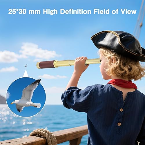 Miniatura 5 de Retro Pirate Telescope Zoomable 25x30 Spyglass Portable Collapsible Handheld Telescope Vintage Monocular for Kids & Survival Gear Compass Pocket