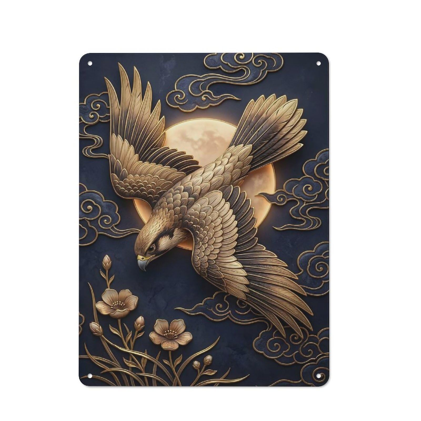 Junmoney Style-1 Rustic Tin Sign 40X30cm Featuring Golden Falcon With Moon And Clouds For Living Room Wall, For Room Styling Across Living Rooms And Feature Walls