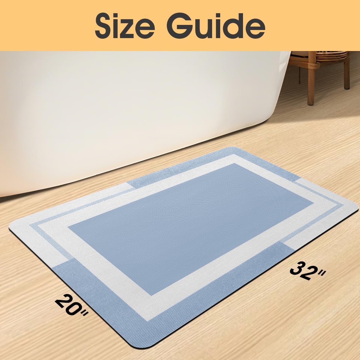 Ultra Thin Bath Mat, Upgrade Backing Non Slip Thin Bath Mats Fit Under Door, Quick Dry Ultra Absorbent Bathroom Rugs, Machine Washable Bath Rugs for Bathroom, Bathtub & Kitchen, Blue/Bordered/32"x20" - Image 2