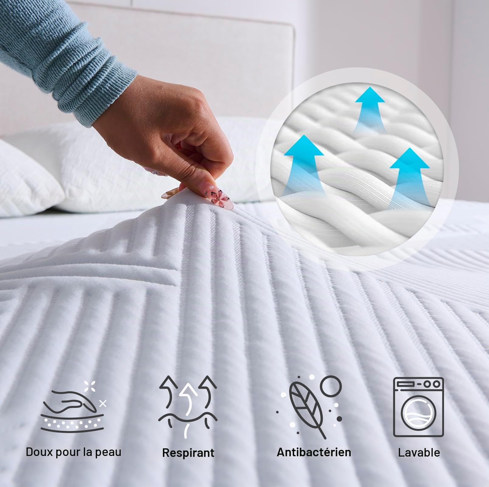 Twirest Surmatelas 140 x 200 cm, 5 cm d'épaisseur, Topper 140x200cm avec un noyau confortable en mousse à haute résilience, Housse respirante et lavable, pour lit à sommier tapissier, caravane