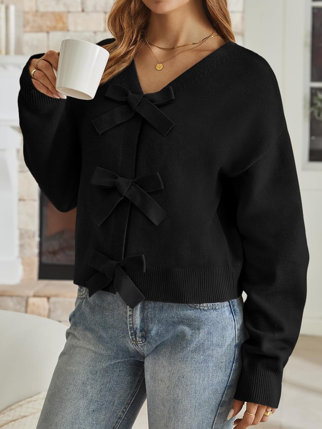 LILLUSORY Womens Cropped Cardigan Sweater Chunky Knit Tie Front Bow Fall Top V Neck Outfits Cute Cozy Clothes 2025 Trendy - Image 3