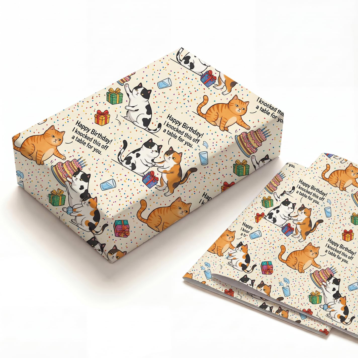 Funny Cat Knocking Things Off Birthday Wrapping Paper Folded Sheets, 120GSM Thick Kraft Wrapping Paper for Women, Humorous Pet Kitten Print Present Packaging for Wife Friend, 2 Pack