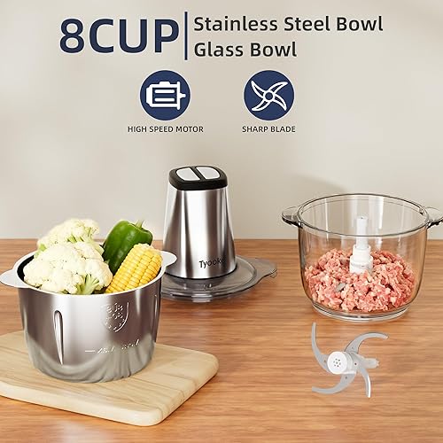 Miniatura 2 de Kitchen Aid - Picador eléctrico de alimentos, picadora de carne fácil de limpiar con 2 cuencos (8 tazas de acero inoxidable + 8 tazas de vidrio),