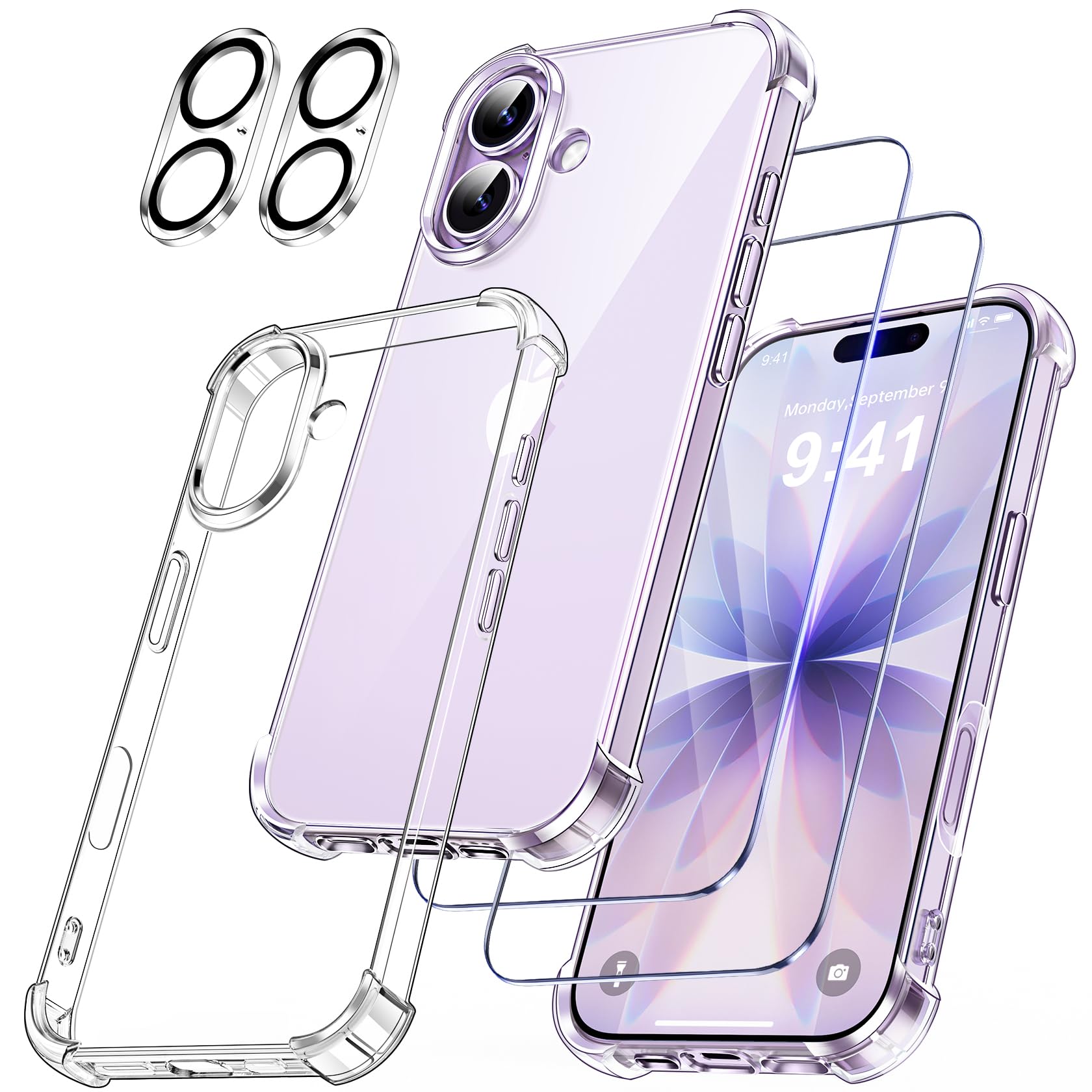FLLAO 5 in 1 Cover per iPhone 17 con 2 Pellicola Vetro Temperato e 2 Fotocamera Protettiva, [Cuscino d'aria integrato] Antiurto Antigraffio Morbido TPU Bumper Phone Custodia, Trasparente