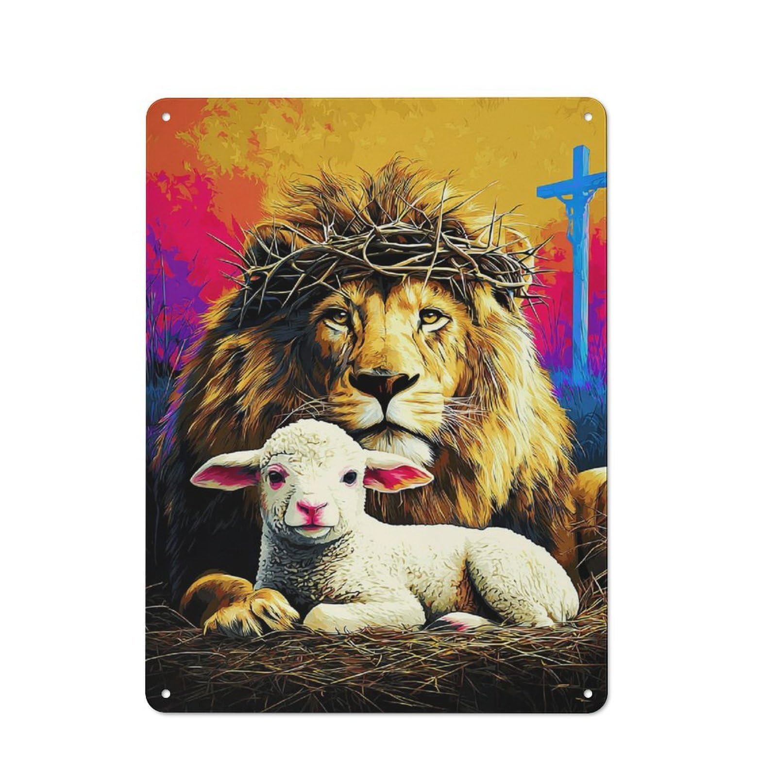 Junmoney Kingdom Of Peace Lion And Lamb Rustic Metal Wall Sign 40X30cm For Kitchen Or Home Bar, For Garage, Workshop And Man Cave Decoration