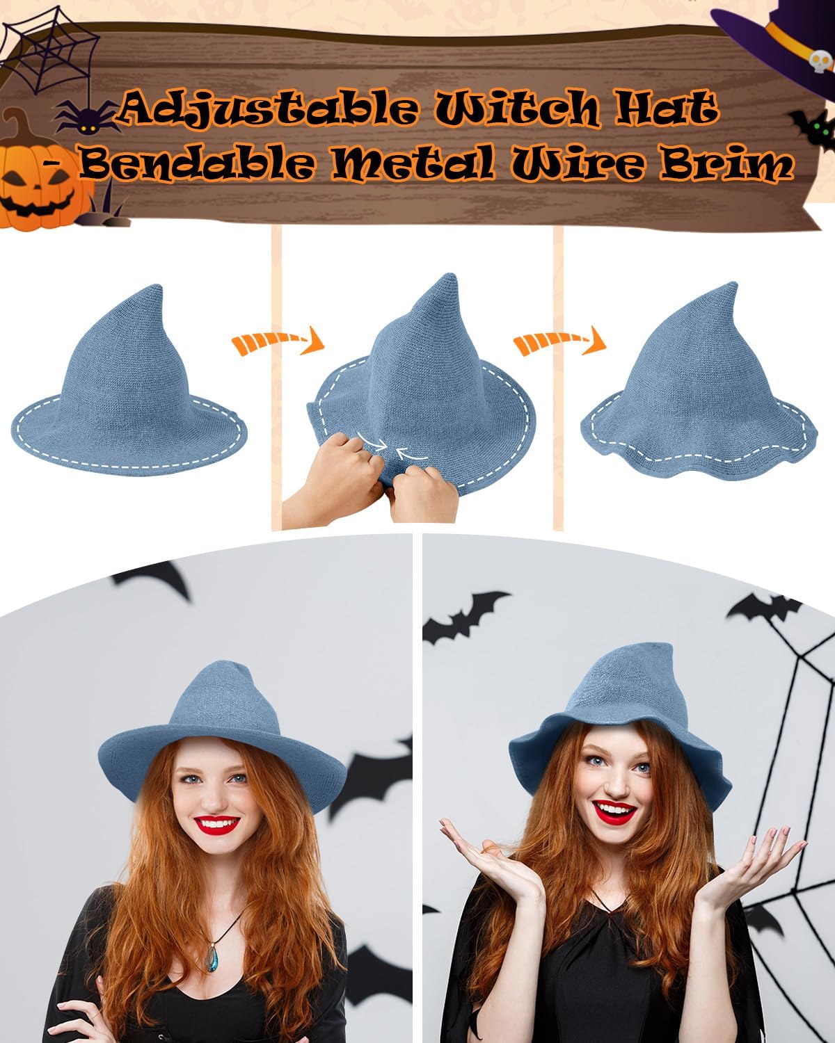 Century Star Women Witch Hat for Halloween Wool Hats Wide Brim Spire Knitted Cap Party and Daily - Image 2
