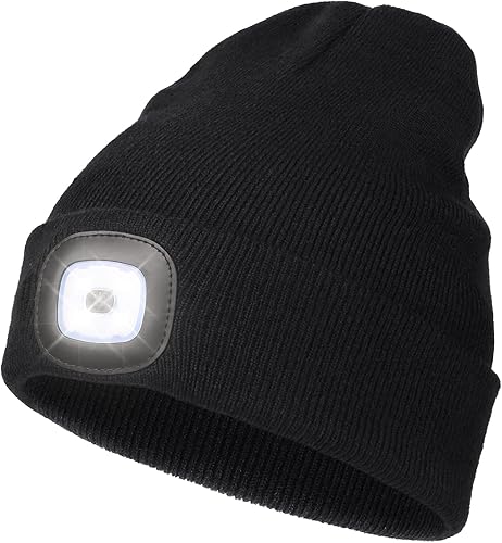 Gorro LED con Luz, Gorro con Linterna de 4 LED Unisex Recargable por USB, Manos Libres, Gorro de Invierno de punto con Luz Nocturna, Linterna para