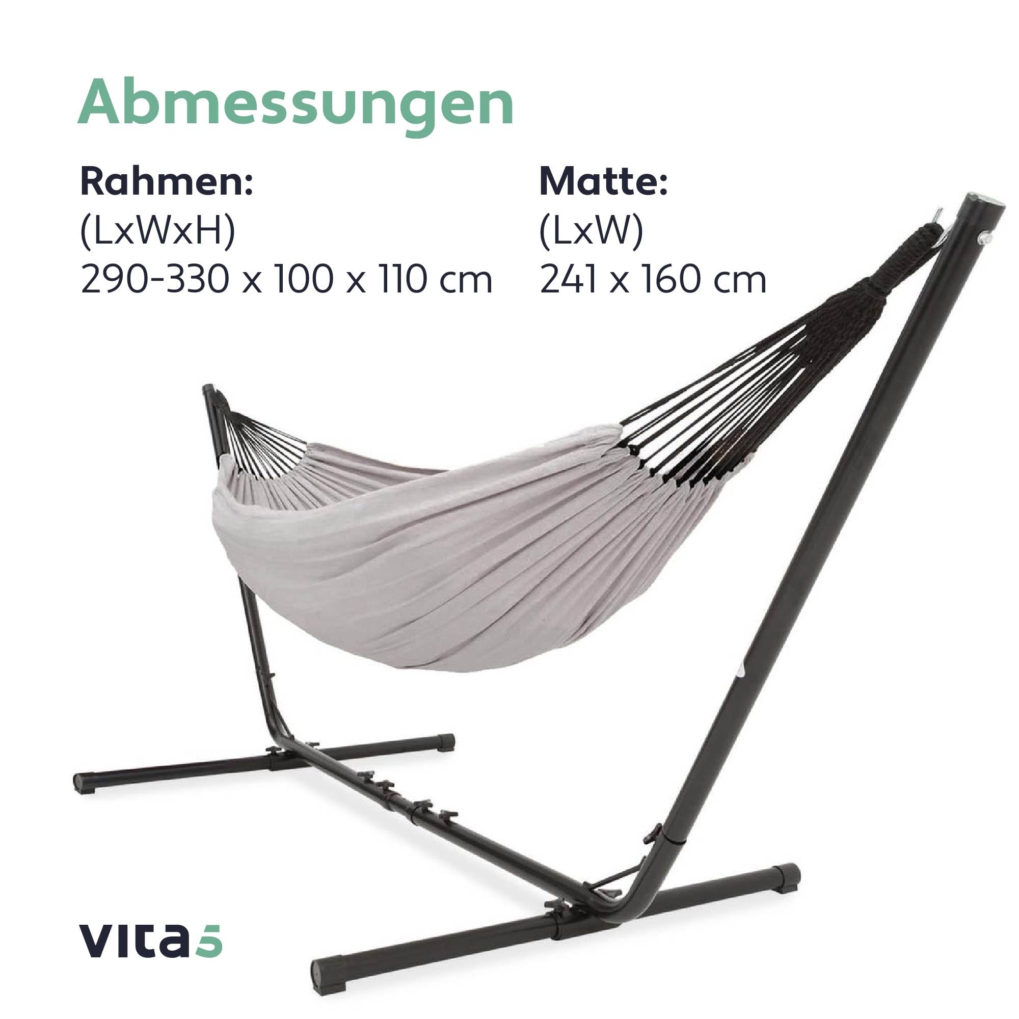 Vita5 Hängematte mit Gestell – Extra Große Hängematte aus 80% Baumwolle & 20% Polyester für Garten, Balkon, Terrasse und Camping – inkl. Tragetasche