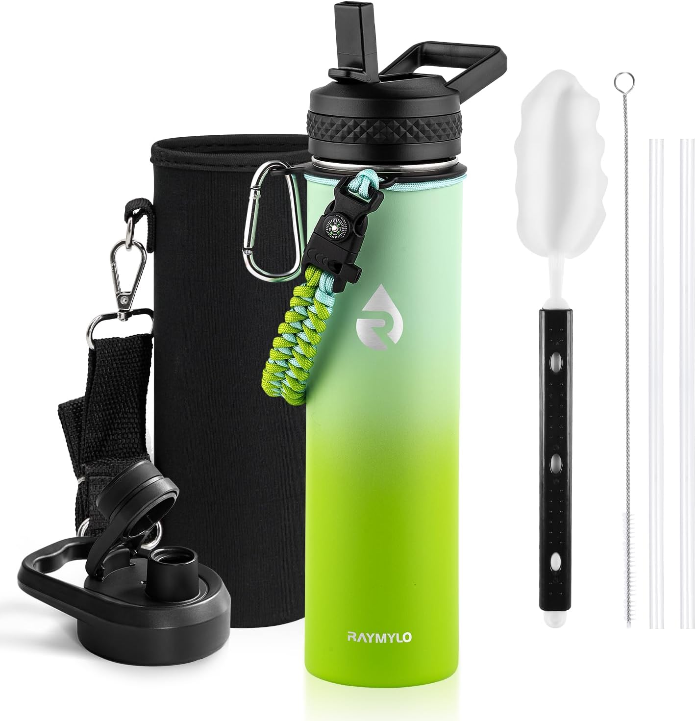 Insulated Water Bottle 24oz, Triple Wall Vacuum Stainless Steel (Cold for 48 Hrs, Hot for 24Hrs), Leak Proof & Non-BPA, 24oz Hydro Water Flask with Paracord Handle & Straw Spout Lids