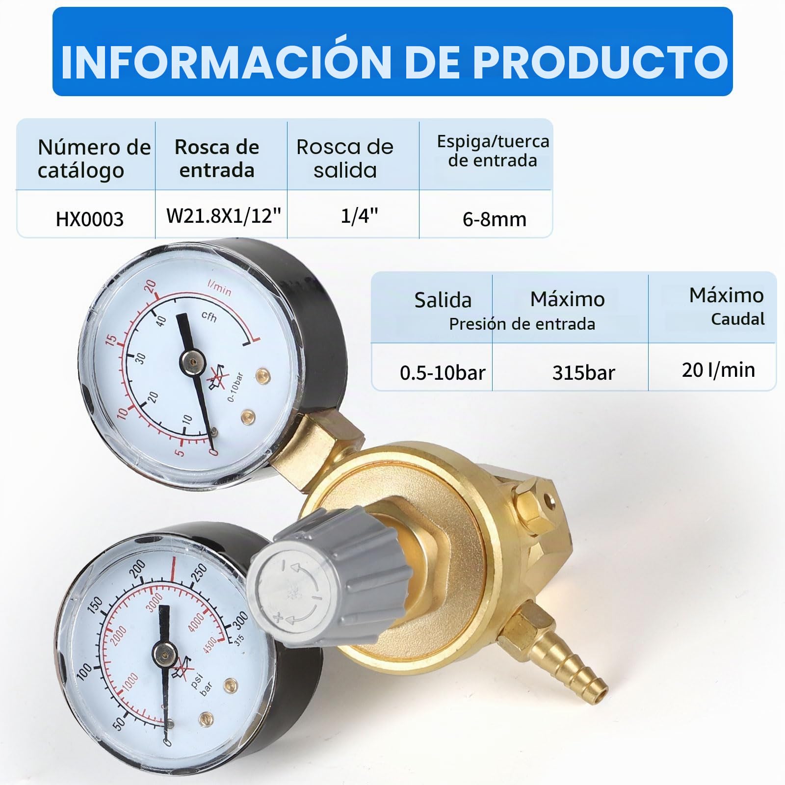 SWAWIS Regulador de Presión Argón/CO2 para Gas Protector MIG MAG WIG TIG Soldadura 315 Bar Conexión W21,8 x 1/14" Regulador