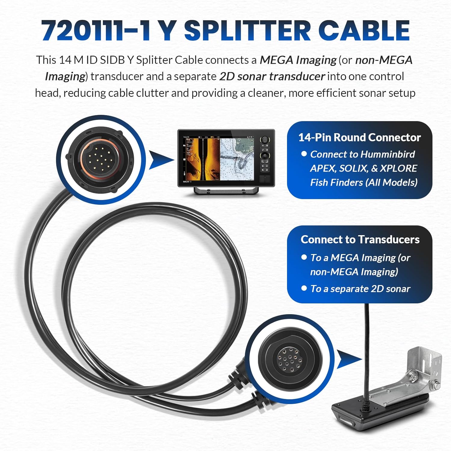 14 M ID SIDB Y Splitter Cable 720111-1 for Humminbird SOLIX/APEX/XPLORE Fish Finders, Connects Side Imaging & 2D Transducers, Supports Airmar Transducer ID, 30-Inch Marine-Grade Y Splitter Cable