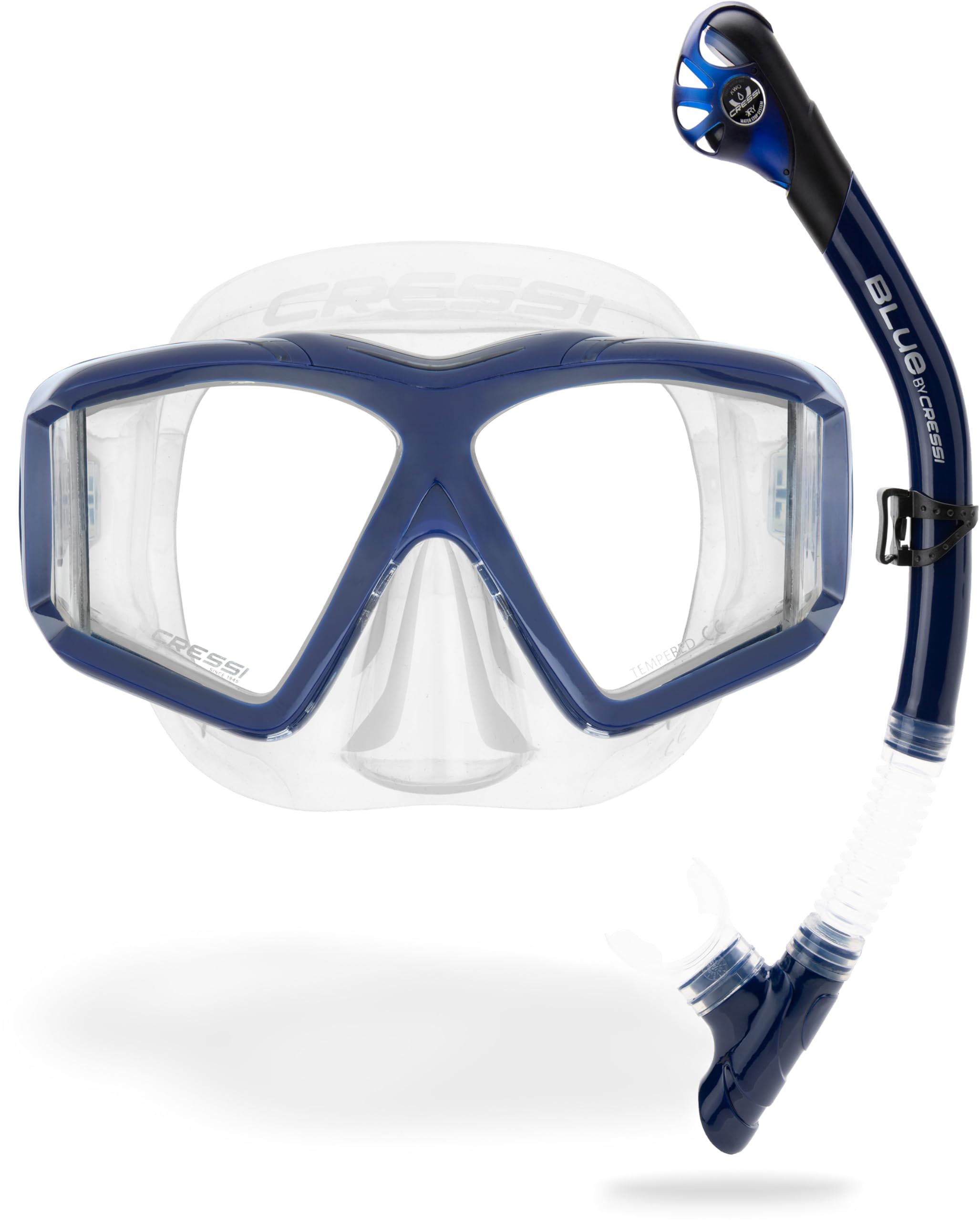 CRESSI Horizion+Scilla Combo Clear/Blue Navy - zestaw combo, maska Horizon, 4 oddzielne okulary hartowane i system zaworów suchych, fajka do nurkowania i snorkelingu, przezroczysta/niebieska granatowa