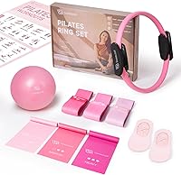 Vista 7 de LIONSCOOL Juego de Anillo de Pilates – Círculo Mágico Antideformación de 14 pulgadas con Asas Acolchadas, Mini Pelota, Bandas de Resistencia, Guía