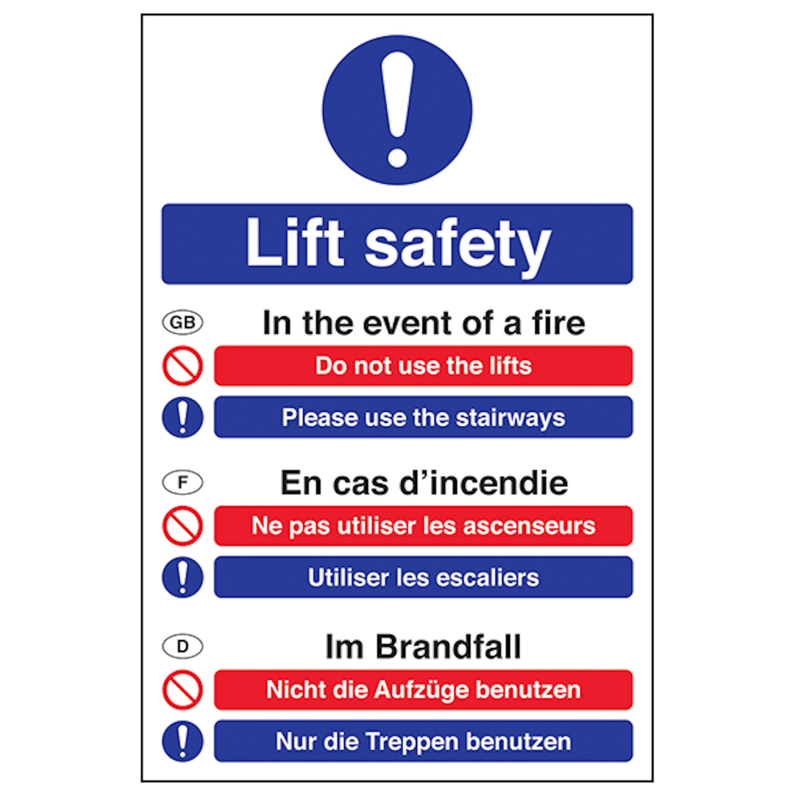 V Safety Multilingual Fire Action - Lift Safety 200 x 300mm - 3mm Aluminium Composite Safety Sign