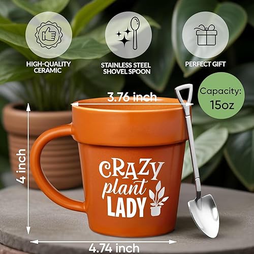 VELENTI Taza Maceta para Plantas - Taza para Amantes de las Plantas con Ornamento de Pala Metálica - Regalos Elegantes para Mujeres, Hombres -